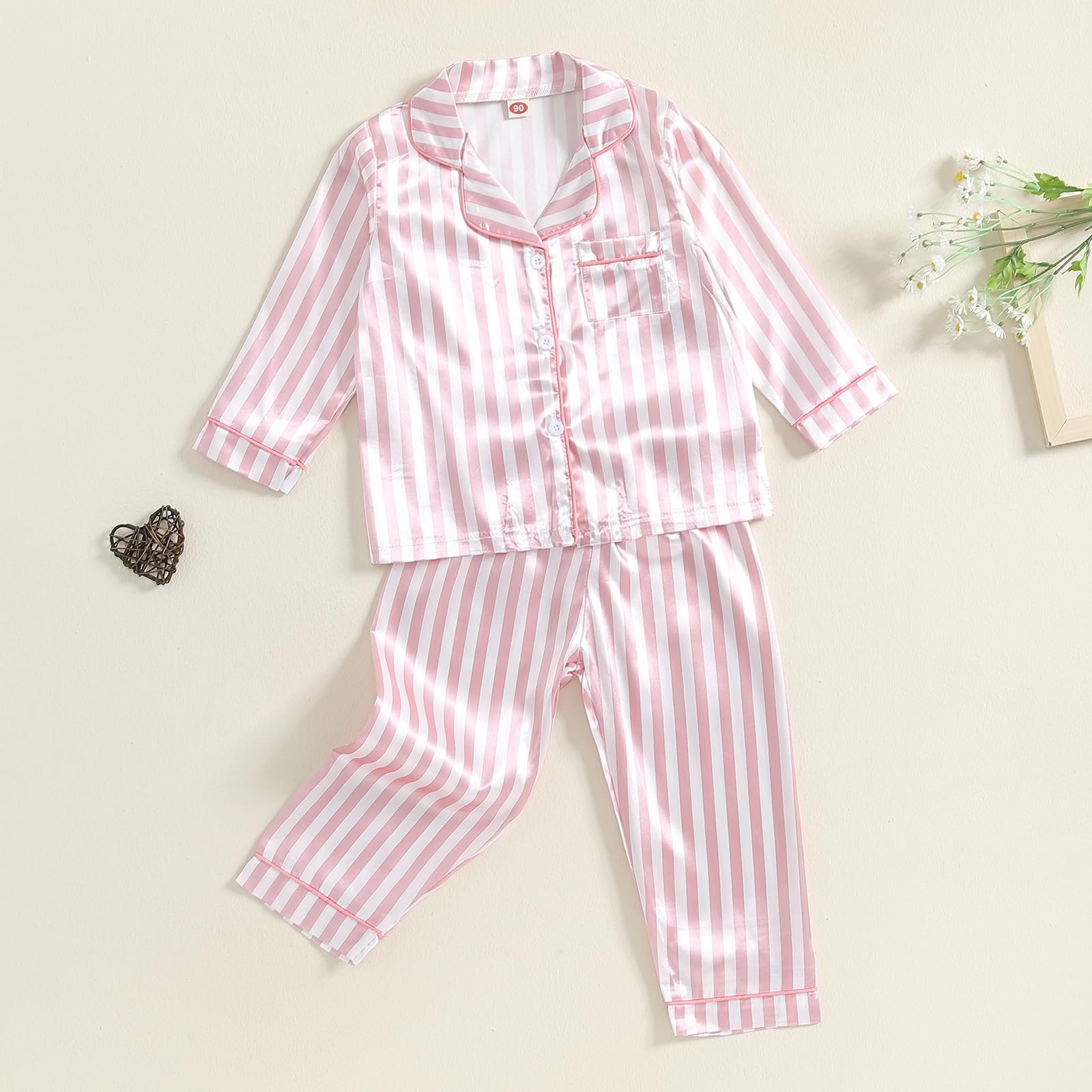 MAINESAKA Baby Girl Boy Silk Satin Pajamas Set Striped Long Sleeve Button Down Sleep Shirt Lounge Pants Pjs Kids Sleepwear (Pink, 18-24 Months)