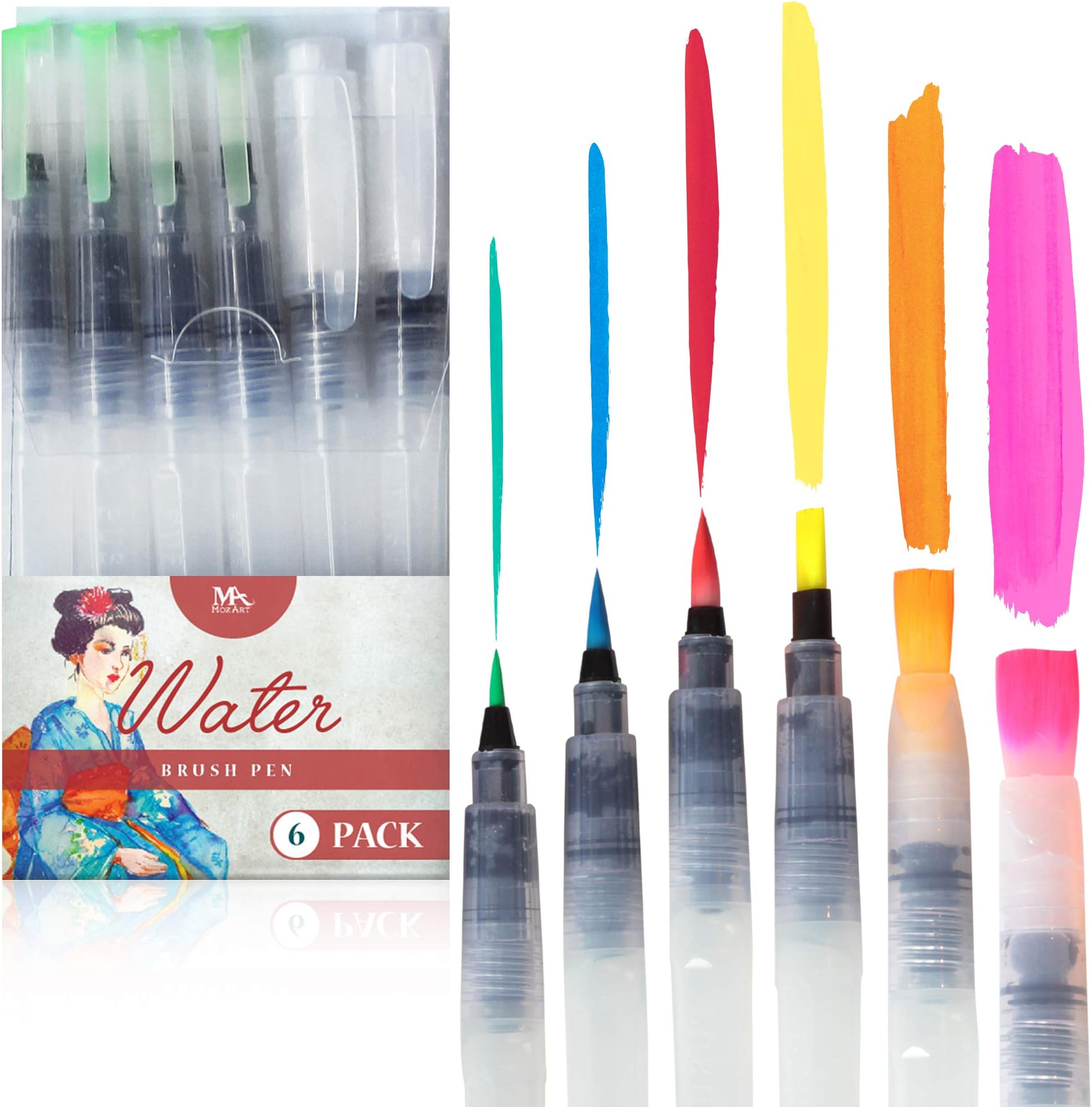 MozArt Supplies Water Brush Pens - Set of 6 Brush Tips Aqua pens - Great for Watercolor Paints, Water Soluble Pencils, Brush Pen, Markers - Refillable Brush Pens - Aqua Pen, Art Brushes