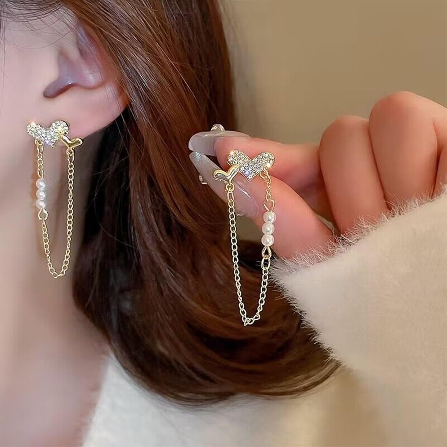 Sparkly Rhinestone Love Heart Long Tassel Chain Pearl Drop Earrings Elegant Dainty for Women Jewelry - Image 3
