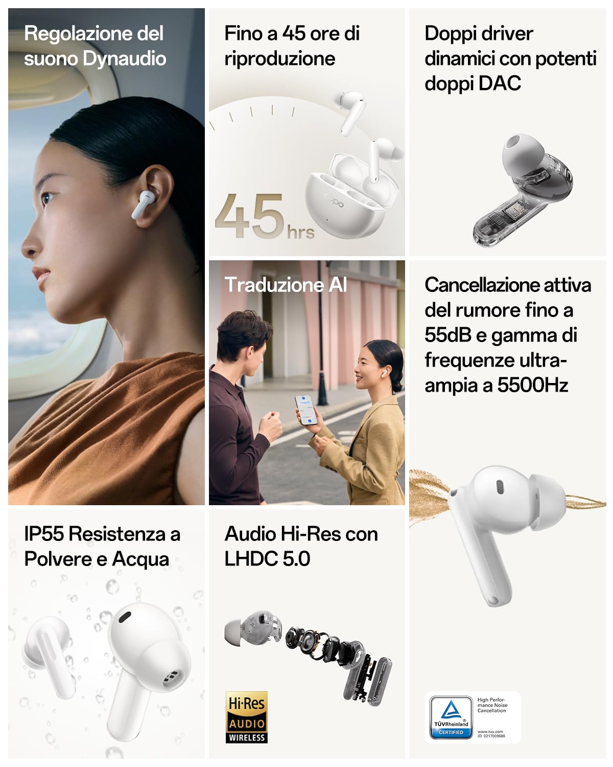 OPPO Enco X3s Cuffie True Wireless, Auricolari Bluetooth 5.4 con Suono Dynaudio, ANC Ibrido 55dB, Audio Hi-Res LHDC 5.0, 45 Ore di Autonomia, IP55, Doppi Driver Dinamici, Traduzione AI, Nebula Silver