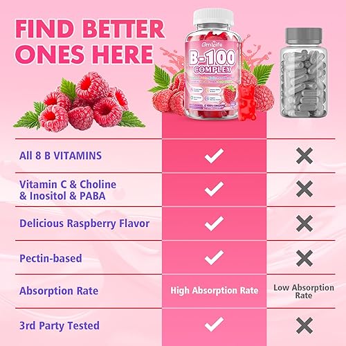 Miniatura 6 de Gomitas de complejo de vitamina B, todas las vitaminas B + metilo B12, B1, B2, B3, B5, B6, biotina, metilfolato, vitamina C, colina, inositol, PABA