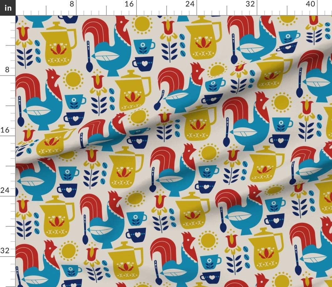 Spoonflower Fabric - Morning Rooster Scandinavian Folk Art Chicken Kitchen Floral Farm Printed on Petal Signature Cotton Fabric by The Yard - Sewing Quilting Apparel Crafts Decor