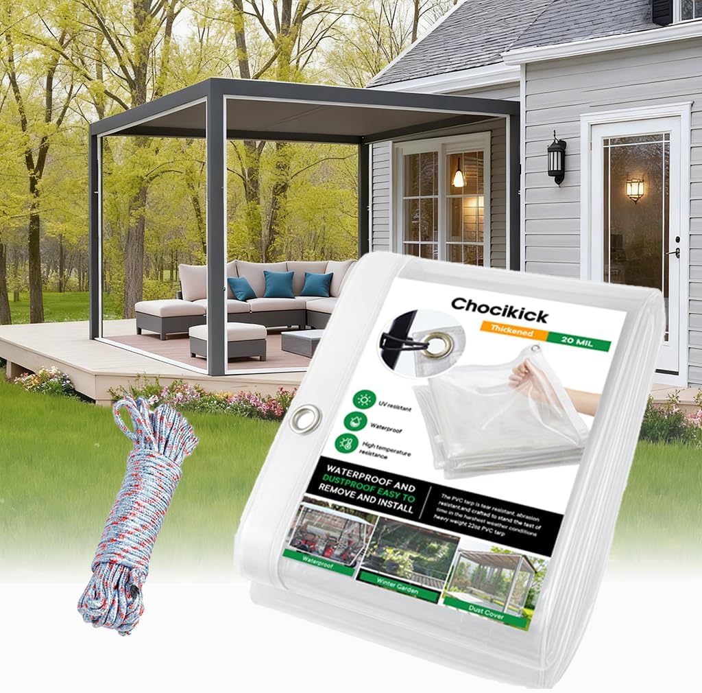 Clear Tarp Heavy Duty Waterproof 8 x 10 FT, 20 Mil Clear Tarps with Grommets, Heavy Duty Clear Vinyl Tarp for Patio Pergola Garden Canopy Rainproof Wind-Proof Anti-Tear (8 x 10 FT)