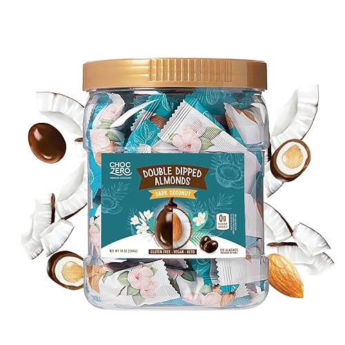 ChocZero Almendras veganas de coco cubiertas de chocolate, almendras tostadas sumergidas en dulces sin azúcar, bajas en carbohidratos, aperitivo