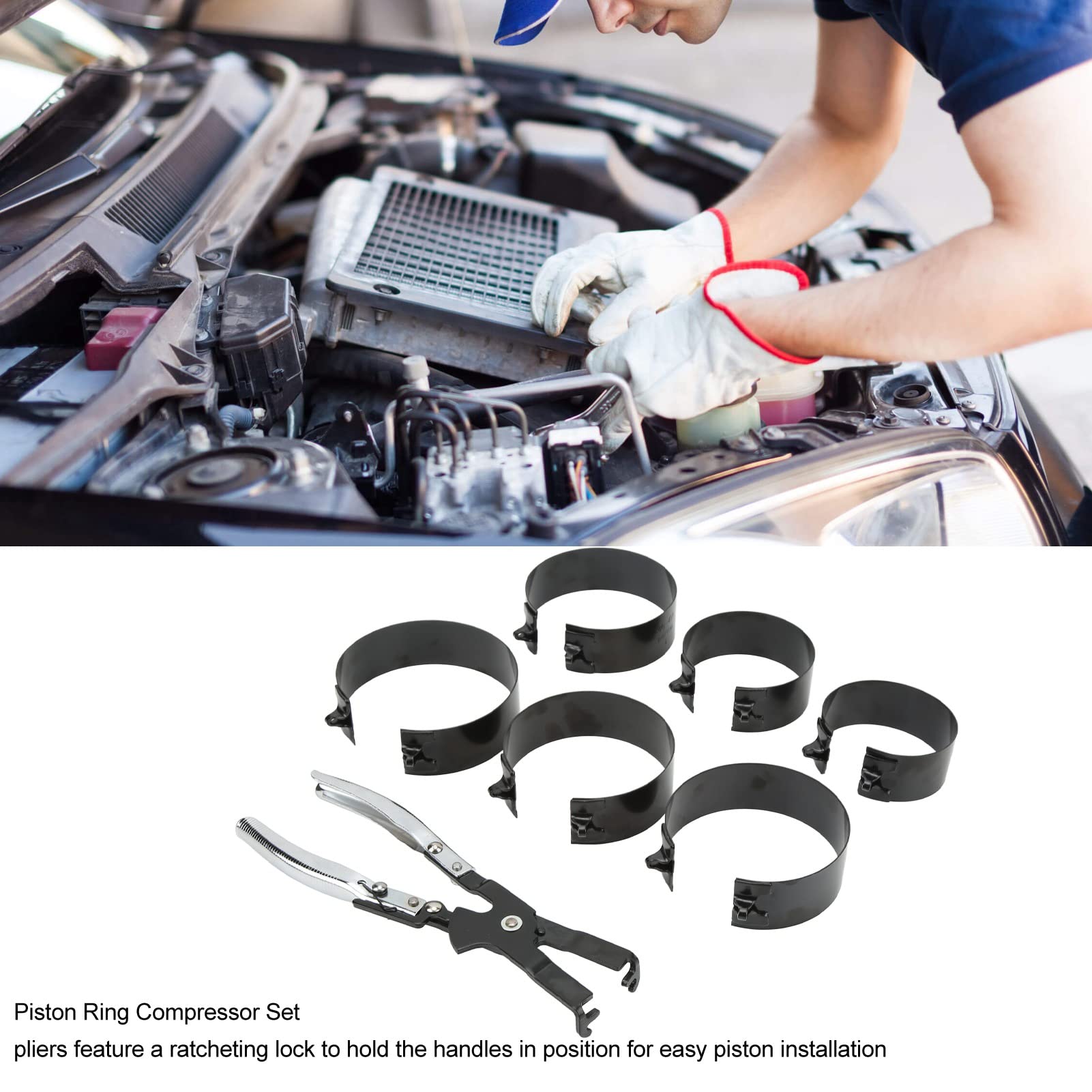 Kit de Compresor de Anillo de Pistón, Ajuste Universal, Alicates de Reparación de Instalador de Pistón de Tamaño de 6 Bandas, Herramienta de Mantenimiento de Coche
