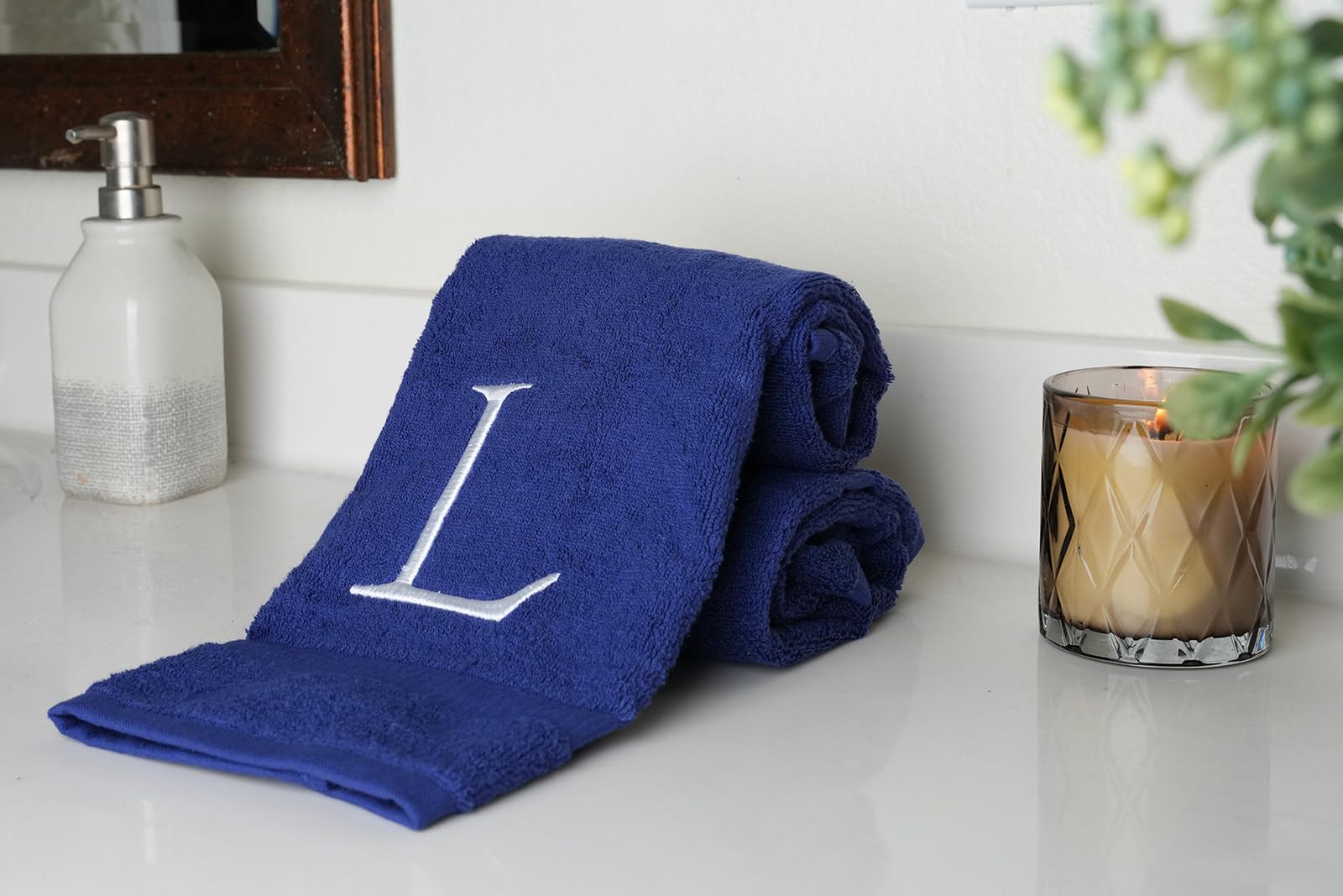 2 Bio-Badehandtücher Mit Monogramm – Marineblau/weiß, GOTS-zertifiziert, Hotelqualität, 76x41 Cm