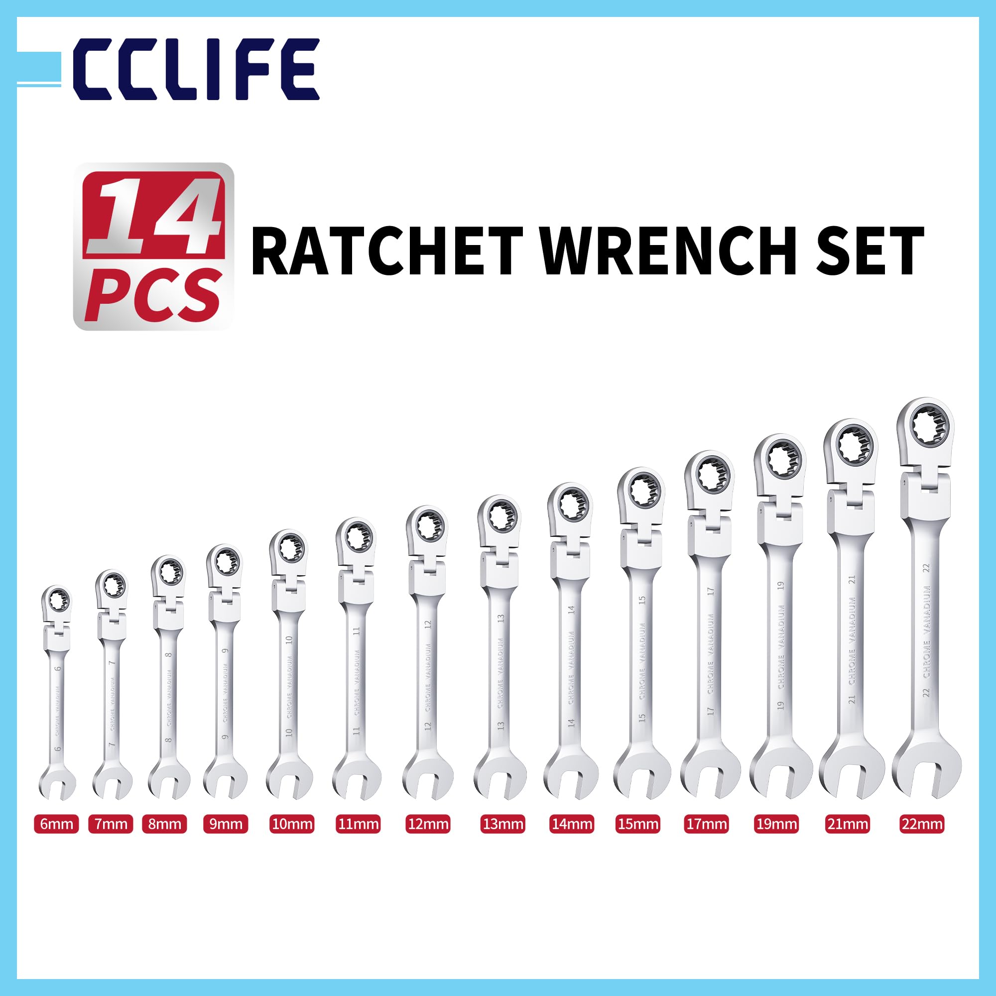 CCLIFE Set di 14 chiavi a cricchetto snodate, chiavi a cricchetto ad anello da 6-22 mm, Cr-V 72 denti, set di attrezzi per riparazione auto, flessibile a 180°, con custodia inclusa