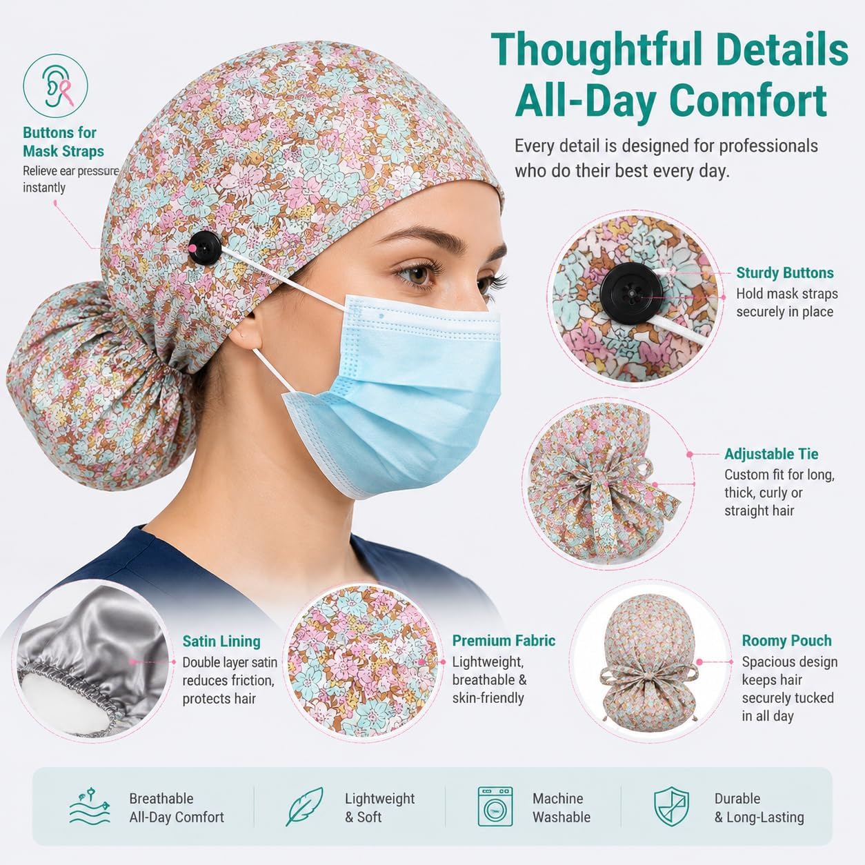 Women Satin Lined Scrub Cap Adjustable Ponytail Hat No Frizz for Nurses Doctors