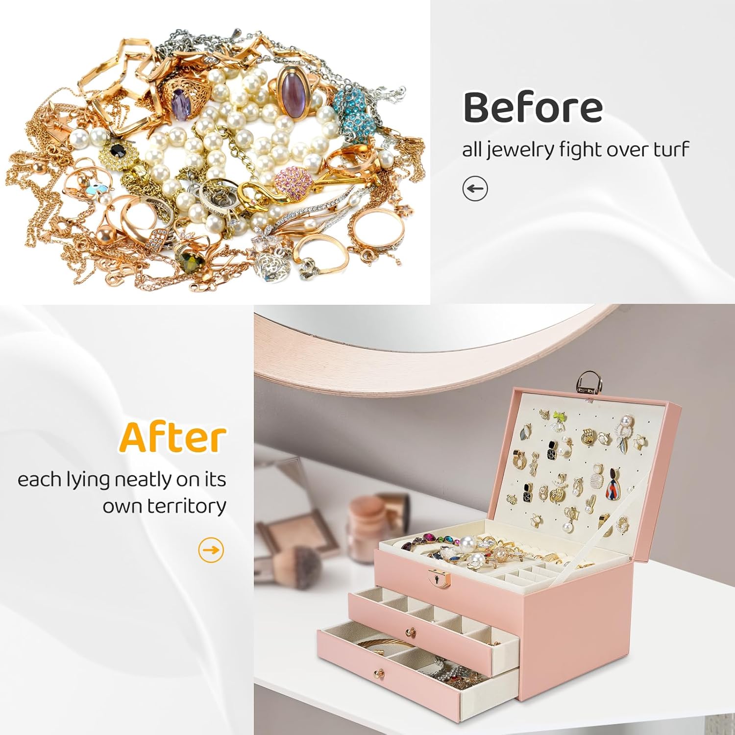 3-Layer Jewelry Box for Women, Jewelry Organizers and Storage with Removable Jewelry Tray, Vintage Quilted Top Lockable Jewelry Holder Gift Idea Pink - Image 5