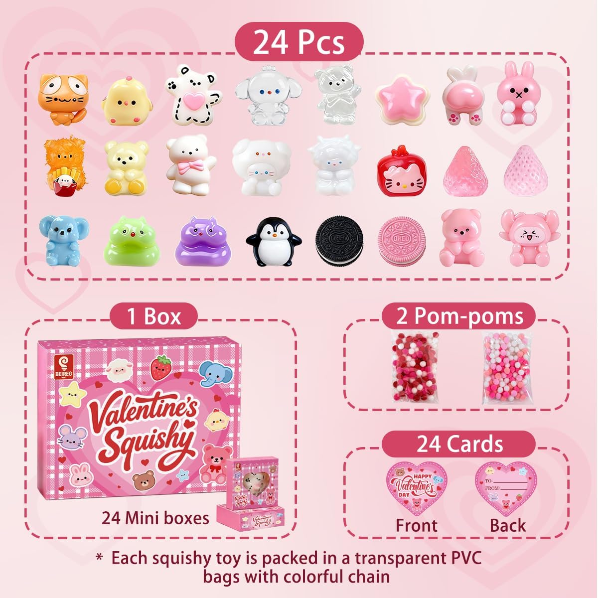 Mini Taba Squishy 24PCS with Gifts Box, Soft Stress Relief Squeeze Toys & Valentines Cards Day Gifts for Kids Classroom School Party Favors