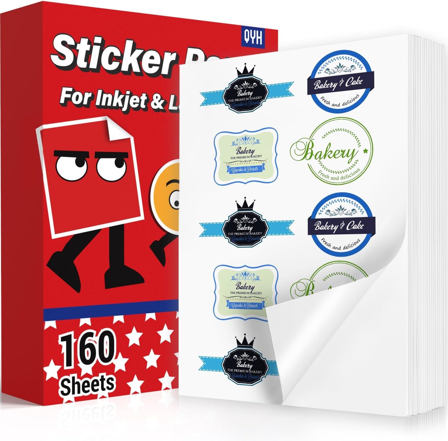 QYH Printable Sticker Paper for Printer - Matte Waterproof White Vinyl, 160 Sheets 8.5x11in Bulk Stickers for Small Business/Home, Compatible with Cricut/Silhouette & Inkjet/Laser Printers