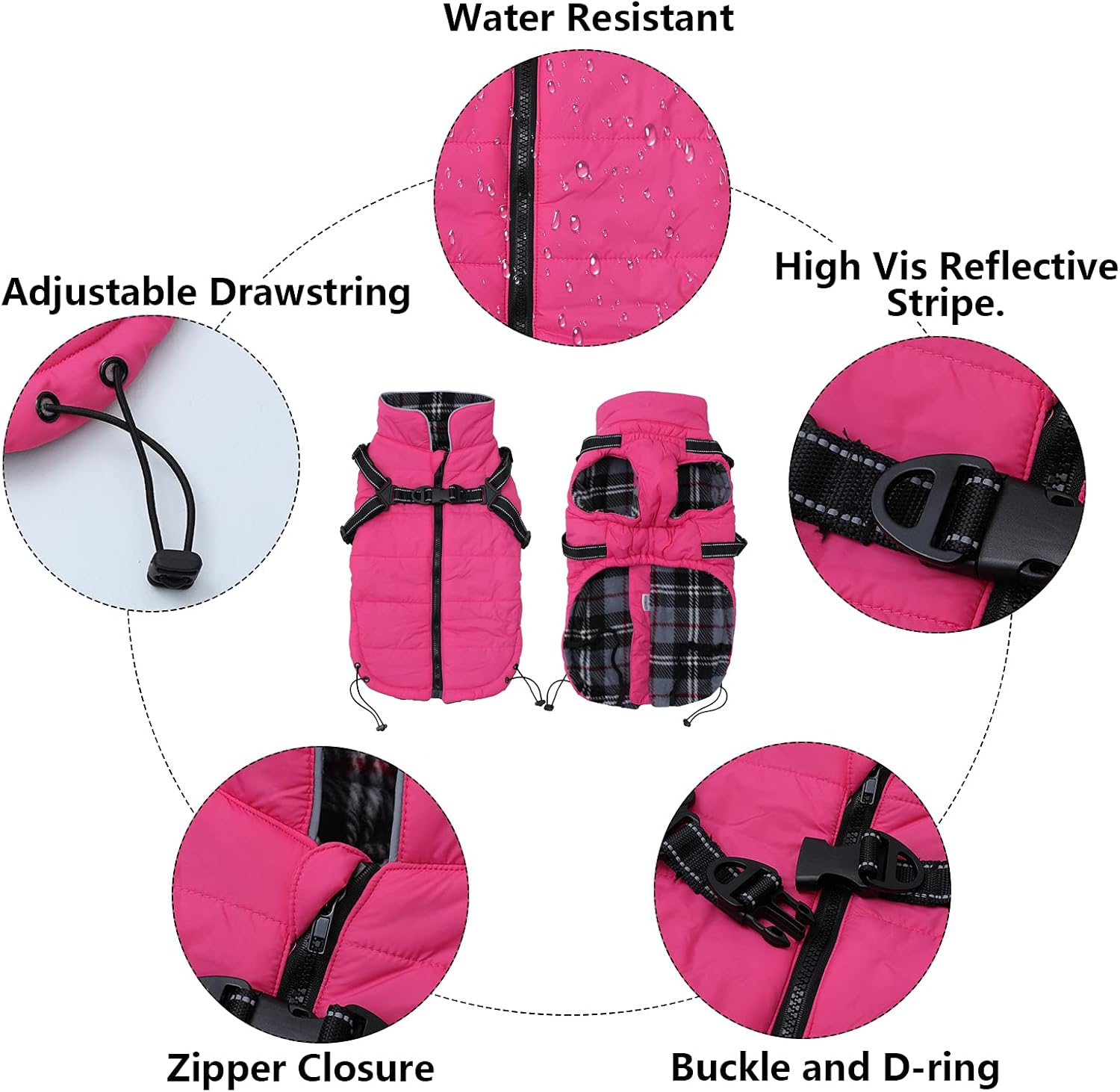 Winter Warm Coat Geyecete Waterproof Jacket with Harness Traction Belt,Pet Outdoor Jacket Dog Autumn and Winter Clothes for Medium, Small Dog-Pink-M