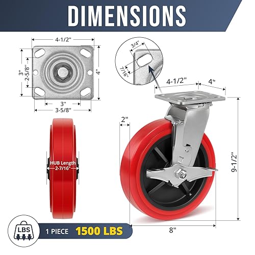 Miniatura 2 de HANDSAMMU Ruedas industriales de 8 pulgadas, poliuretano sobre ruedas de polipropileno, juego de 4 ruedas resistentes, capacidad total de 4800