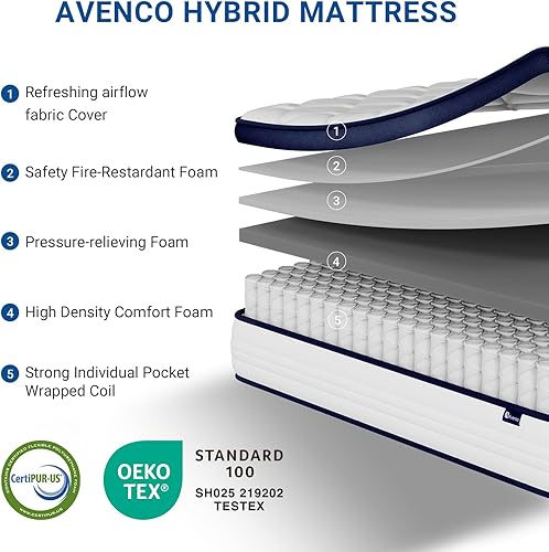 Miniatura 3 de Avenco - Colchón tamaño King, colchón híbrido tamaño King en una caja, colchones de 12 pulgadas tamaño King con espuma de confort y resortes de