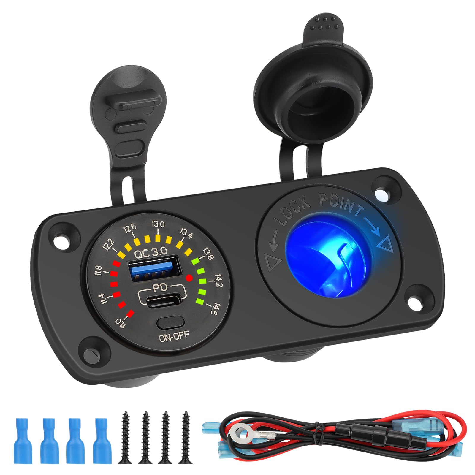 Linkstyle 12V USB Outlet, QC3.0 USB-A Port, PD USB-C Port, Cigarette Lighter Socket with Voltmete Switch, Outlet Socket Panel for Car Boat
