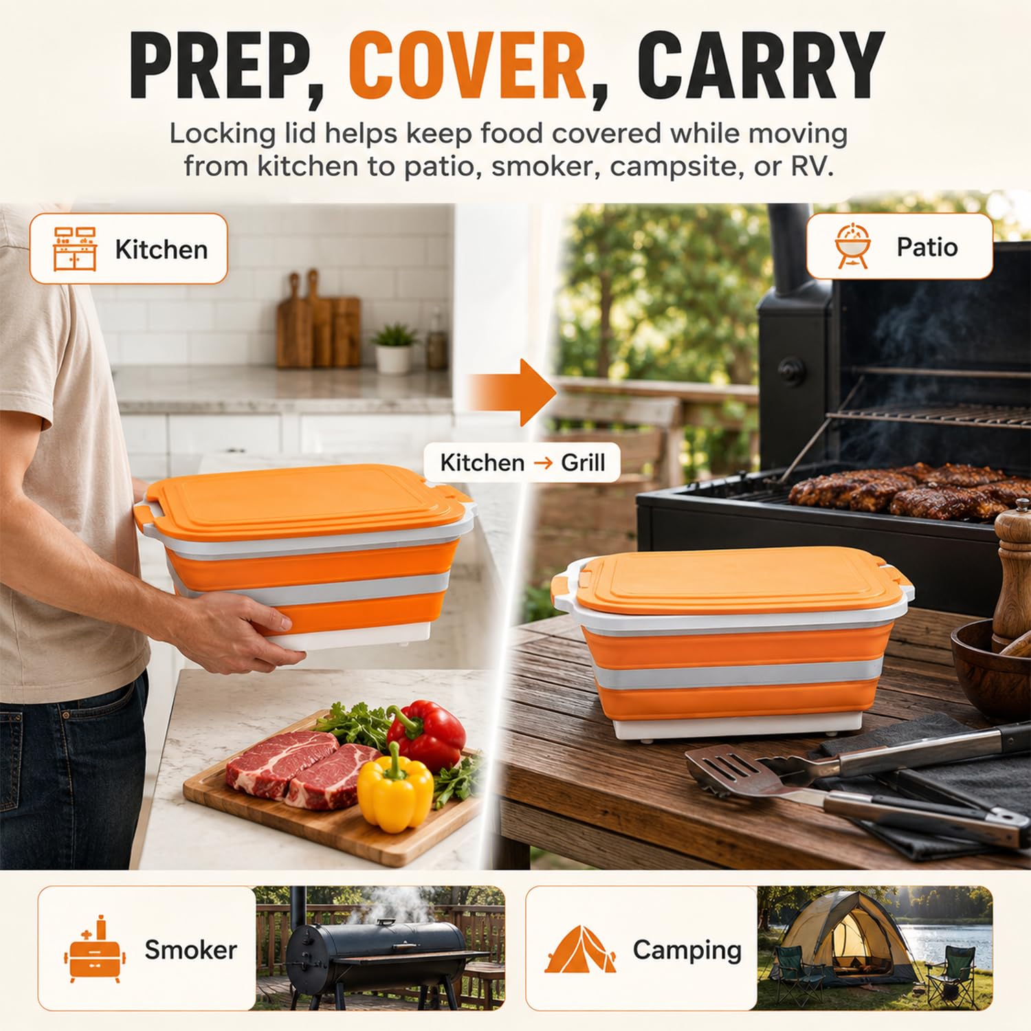 Tina de preparación para barbacoa, 30 L, color naranja, estación de preparación para parrilla XXL para cocinar | Tina de preparación de parrilla de 30 litros para cocinas, camping, servir y limpiar