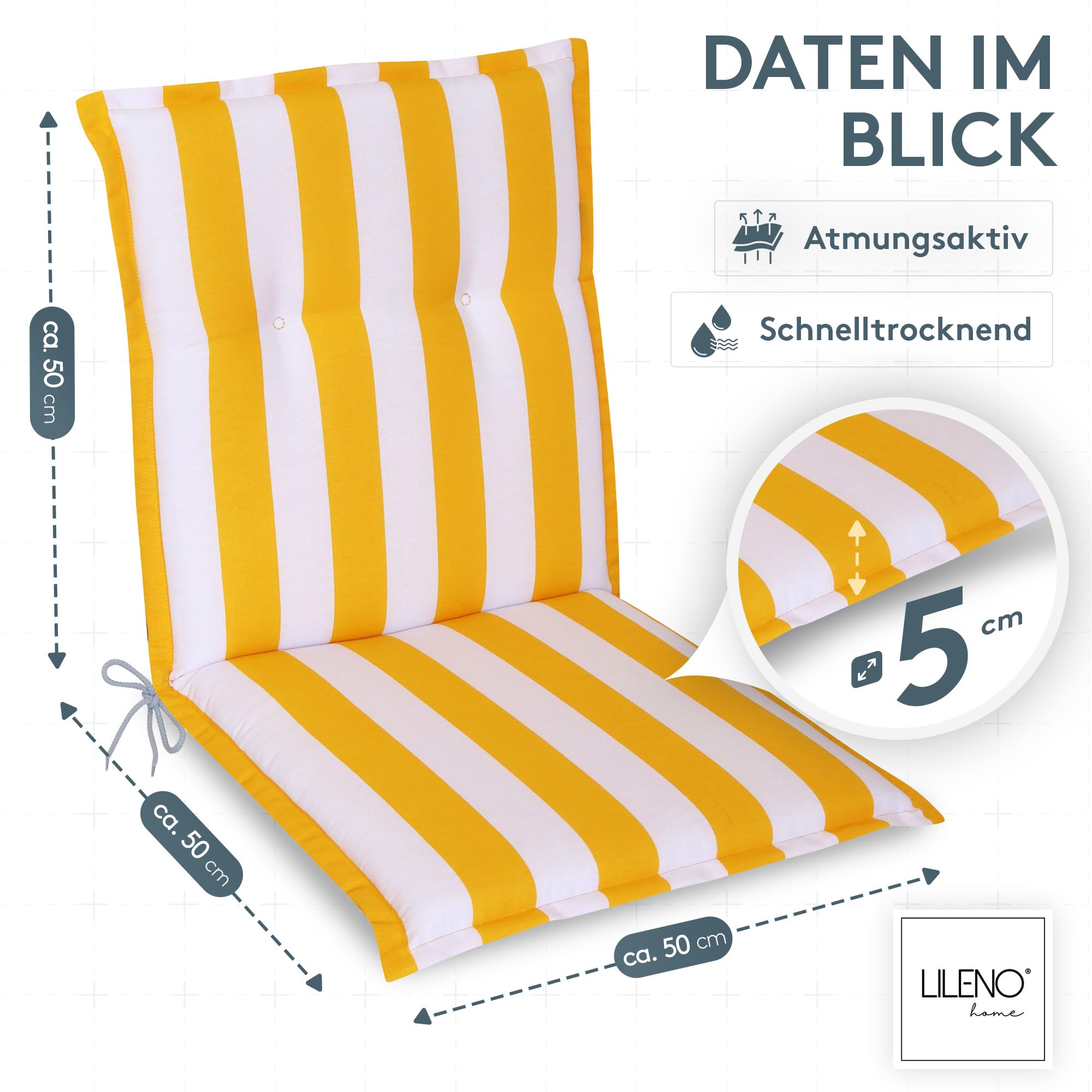 LILENO HOME Gartenstuhl Auflagen als [2er Set - Niedriglehner] in Blockstreifen Gelb - Bequeme Liegen als Sitzauflagen für Gartenmöbel - Stuhlkissen für Gartenstühle und Klappstühle