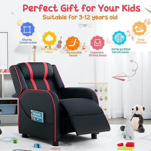 Miniatura 28 de Costzon Silla reclinable para niños, silla reclinable para juegos con bolsillos laterales, reposapiés, reposacabezas y soporte lumbar para rosado,