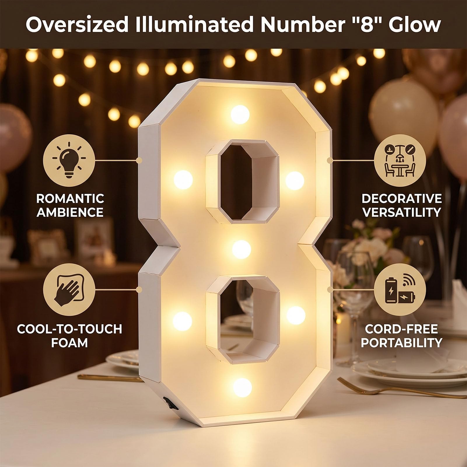 Numero 8 Luminoso, Numero LED Luce Pannello Schiuma 70cm 27.6in,