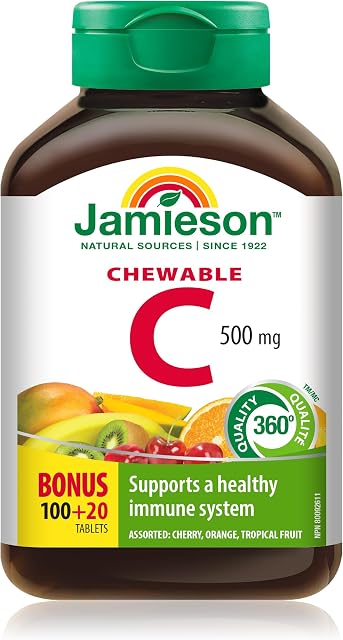 Jamieson Chewable Vitamin C 500 mg mixed flavors, supports immune health, strong teeth and bones. Family Friendly (4+), Vegetarian, Non-GMO, Gluten Free, No Artificial Flavors, Colors or Preservatives, 120 Units, Proud to be Canadian