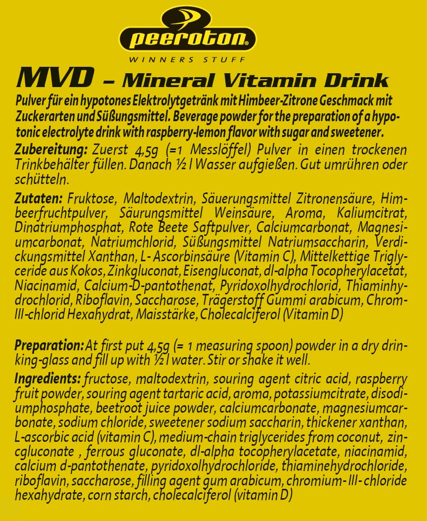Peeroton MVD Mineral Vitamin Drink - Himbeer-Zitrone, Elektrolyt Pulver mit den 5 wesentlichen Elektrolyten plus Zink, Magnesium und Vitamin C - regelmäßig einnehmen und das Immunsystem stärken, 300g