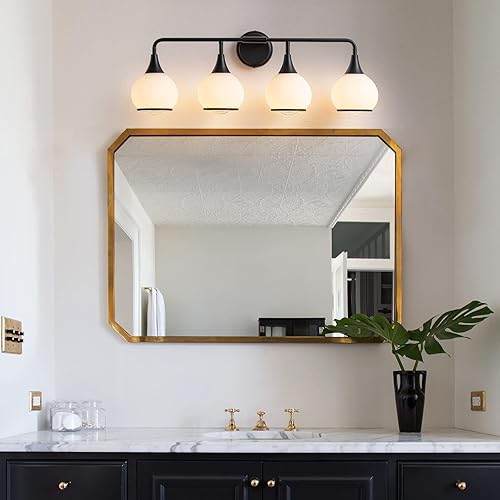 Miniatura 3 de HAHZT Lámparas de baño negras con 4 luces de tocador con pantalla de vidrio esmerilado blanco lechoso, lámpara de tocador de baño de 30.7 pulgadas,