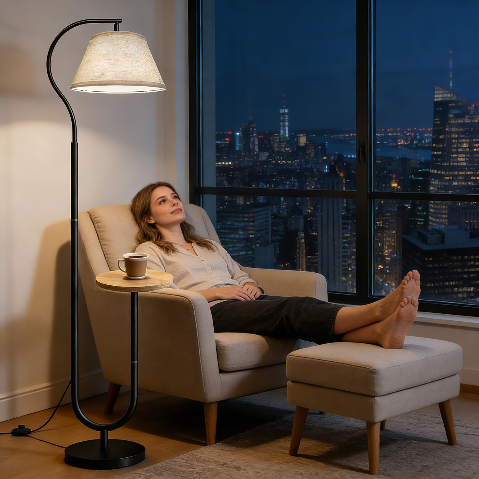 BBHome Lámpara de pie para Salón, Lámpara Moderna con Arco y Estante, Lampara pie con Mesita y Pantalla de Lino, Lampara de pie con Casquillo E27 para Salón, Dormitorio, Estudio y Oficina,Negro
