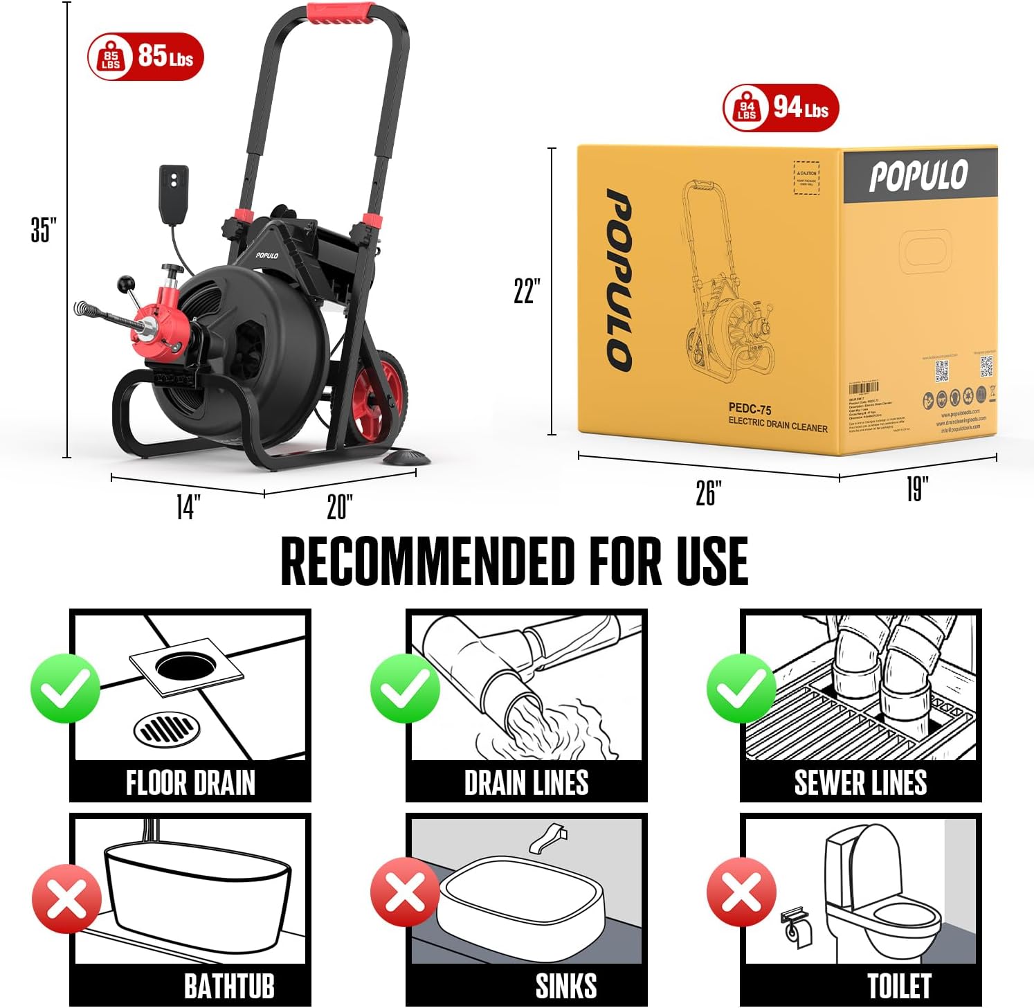 POPULO 75 ft x 1/2 inch Upgraded Electric Sewer Drain Snake Auger with 8 Cutters and 1 Root Killer, for 2-4 inch Pipes, Auto Feed Plumbing Drain Cleaner Machine, PEDC-75 Generation Two