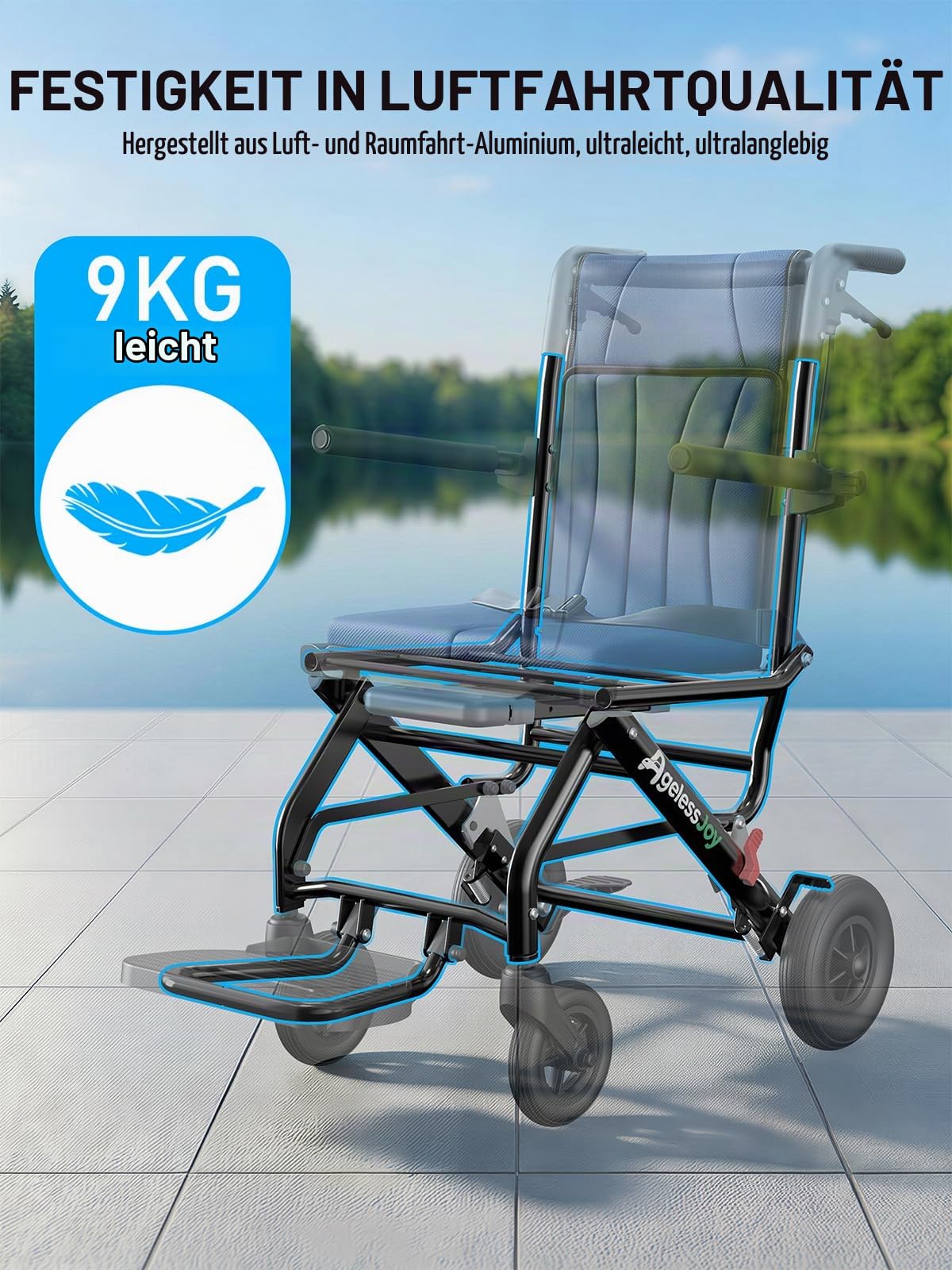 Rollstuhl Faltbar Leicht, Ultraleicht Transportrollstuhl faltbar mit Teleskopgriff, Kompakter Tragbarer Reise-Klapprollstuhl für Behinderte and ältere (Blau)