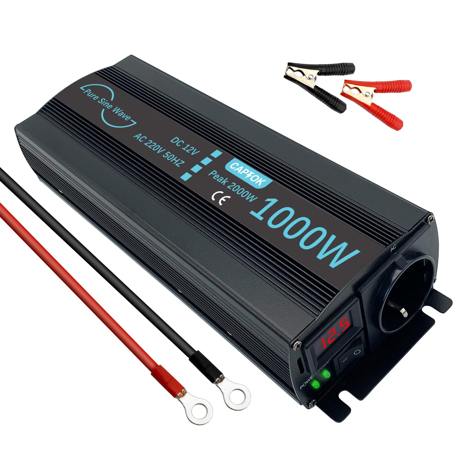 Inversor de Corriente 1000W/2000W Conversor para Coche 12v a 220v Transformador de Voltaje para Coche con Pantalla LCD Black