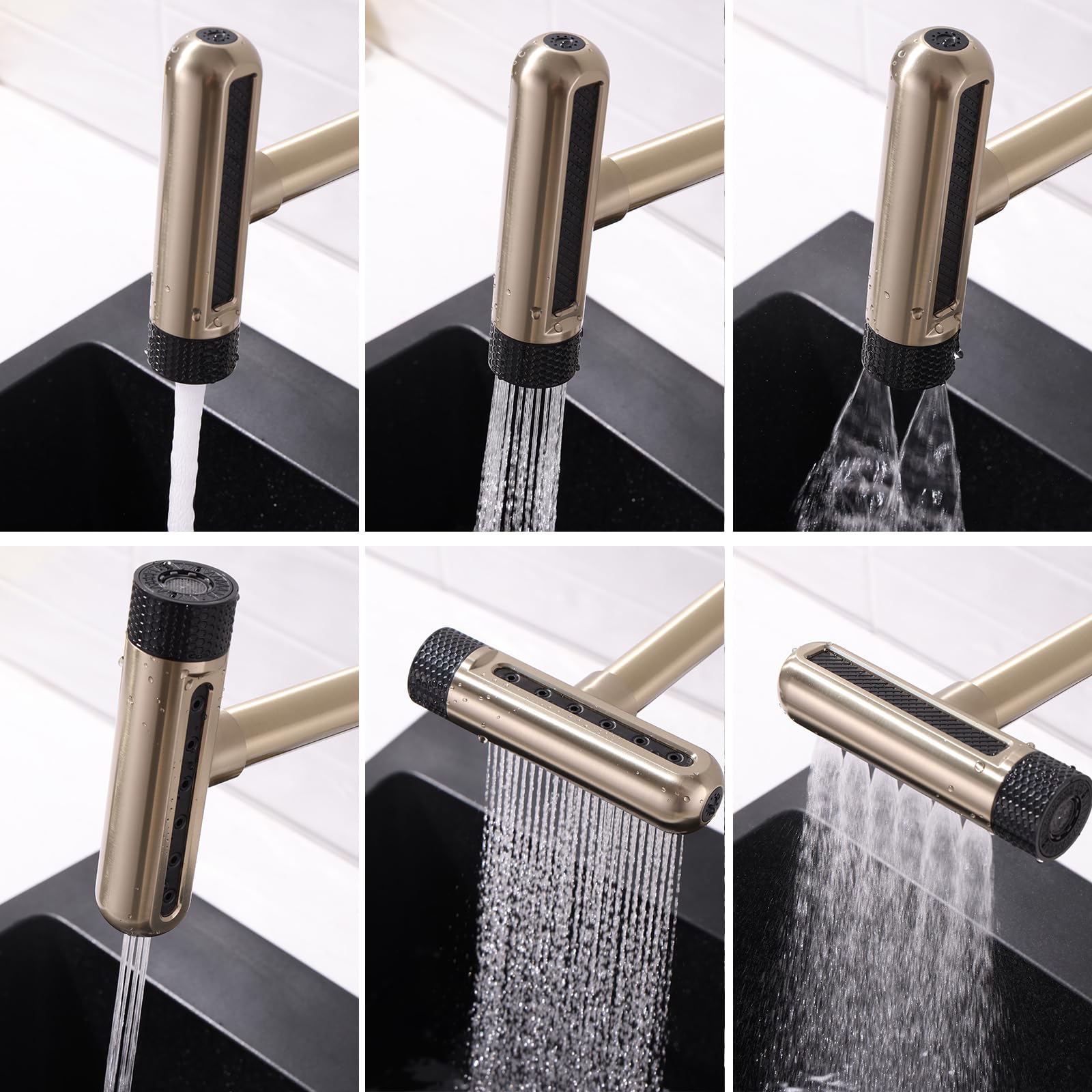Küchenarmatur aus Edelstahl, klappbar, schwarz, Warm- und Kaltwasser, 6 Strahlarten, klappbar, für Fenstermontage