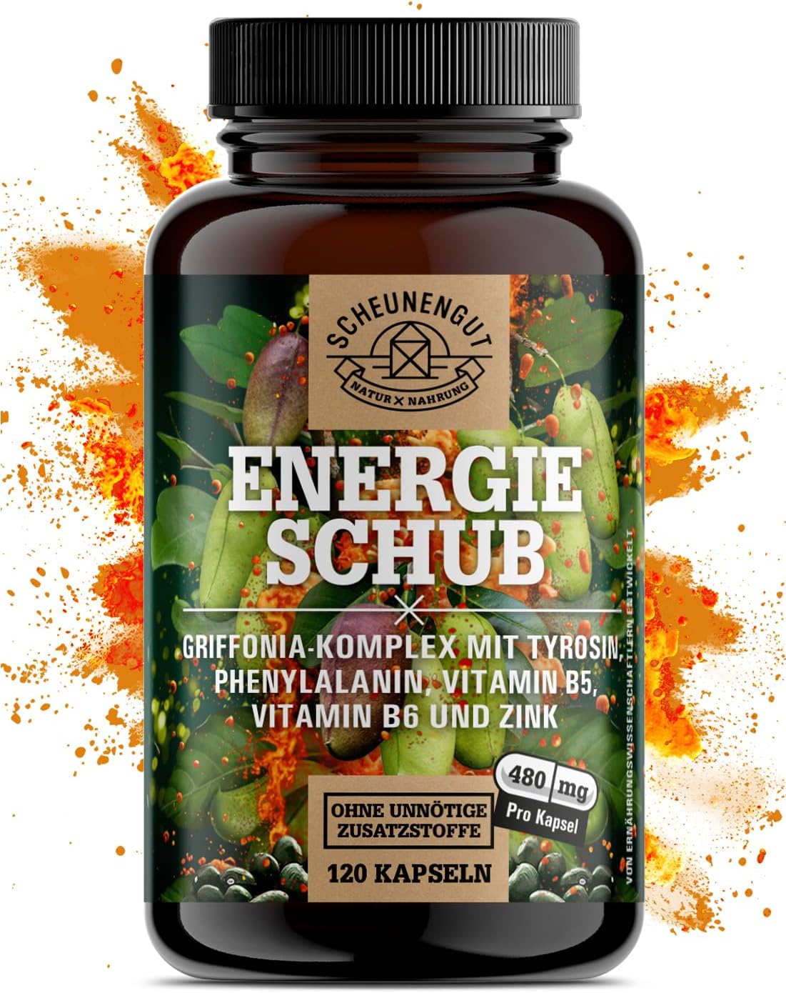 ENERGIESCHUB® energie-motivatie-focus capsules, belangrijk: laboratoriumgetest + natuurlijke werking (geen chemicaliën) met Griffonia, L-thyrosine, chroom, fenylalanine, vitamine B12 I SCHEUNENGUT®