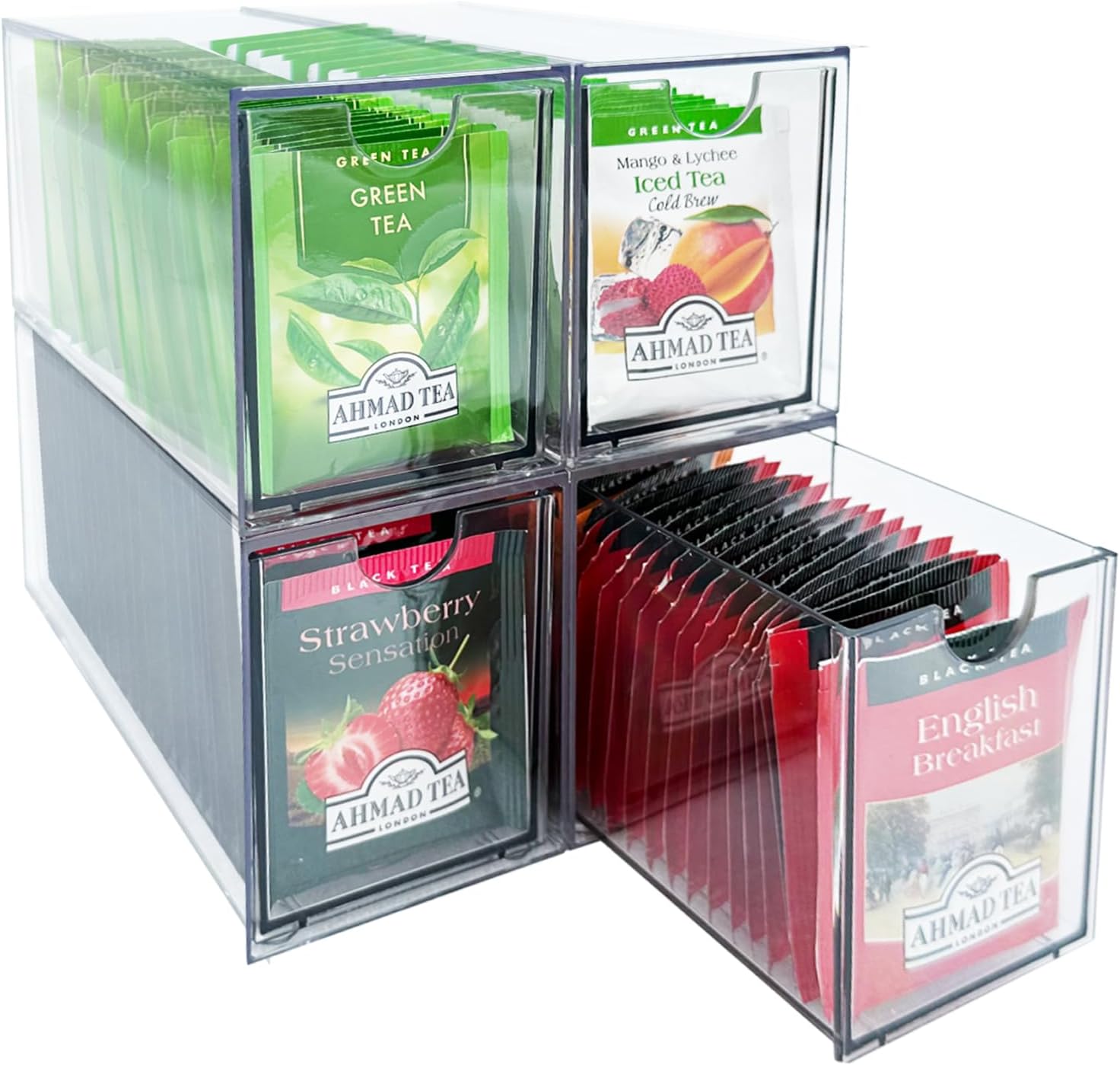 AZEZO 4-Pack Tea Bag Drawers Organizer - 4 Clear Plastic Drawer Tea Bag Holder; Stackable & Portable; Wider Size; Well-Organized Storage for Tea Bags & Kitchen Essentials