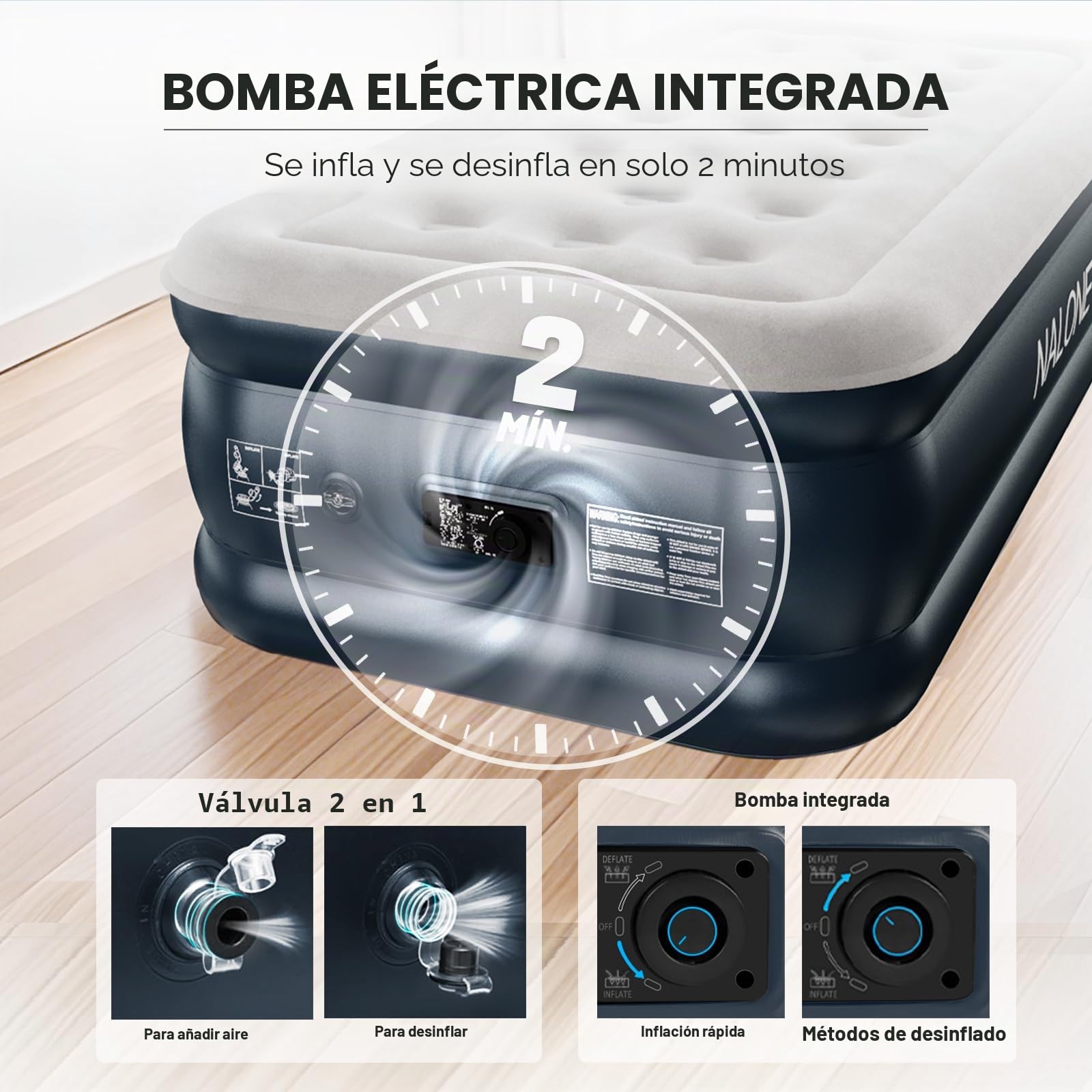 NALONE Colchón Inflable Individual, Colchón Hinchable, Cama Hinchable con Bomba de inflado incorporada Tan Solo 3 Minutos,Invitados o Uso en Casa,193x100x45cm