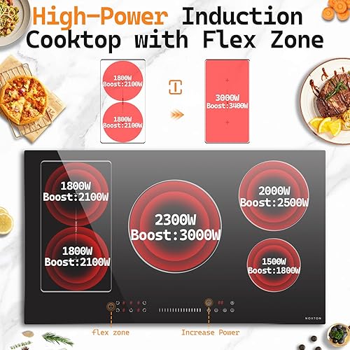Miniatura 3 de NOXTON Placa de inducción de 36 pulgadas, cocina eléctrica de 5 quemadores, estufa de inducción mejorada con zona flexible, potencia adicional,