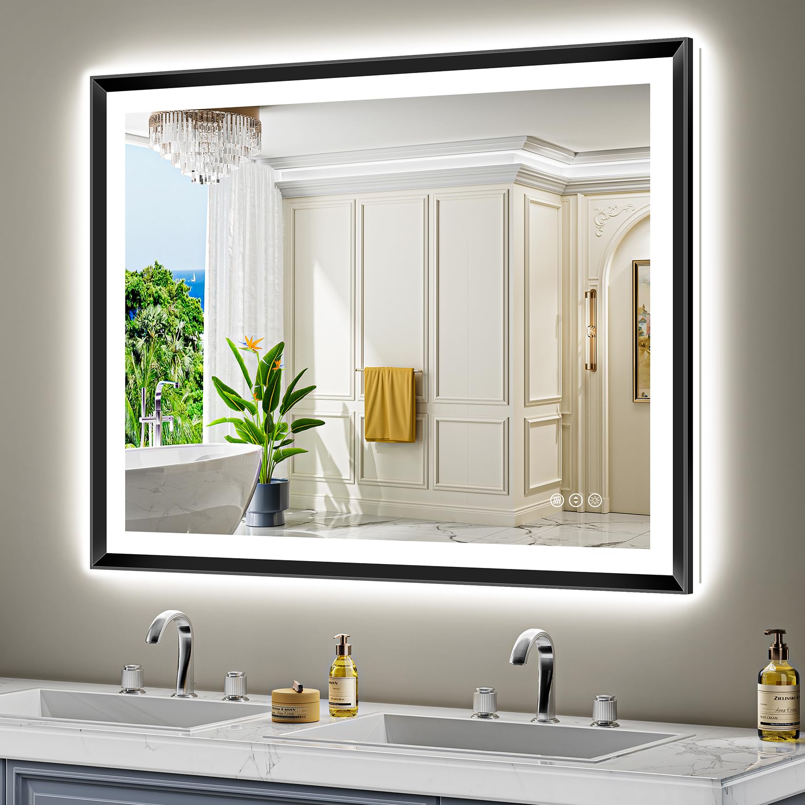 48x36 LED Bathroom Mirror with Lights, Black Lighted Mirror