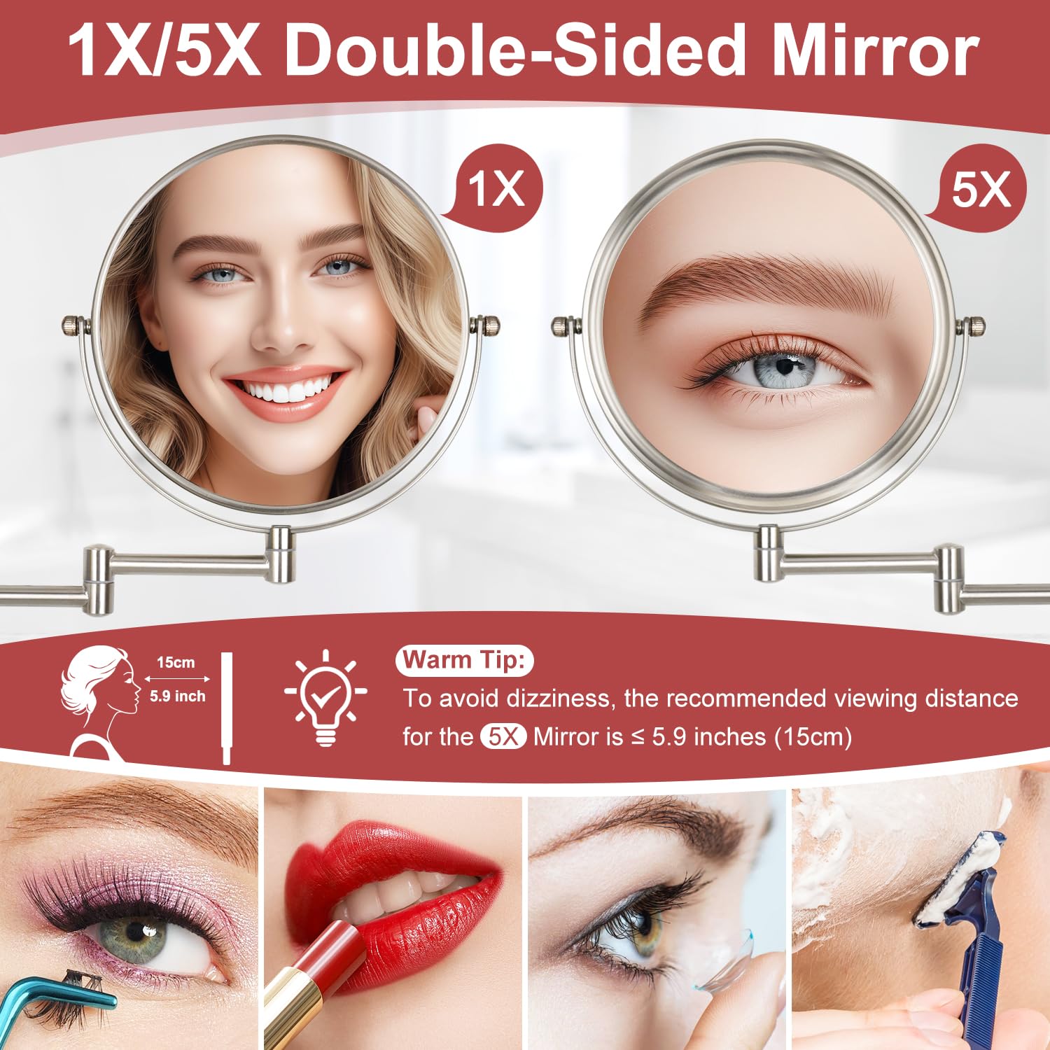 Espejo de maquillaje montado en la pared, espejo de doble cara de 1 y 5 aumentos, espejo de baño extensible de 20 cm para afeitarse, níquel
