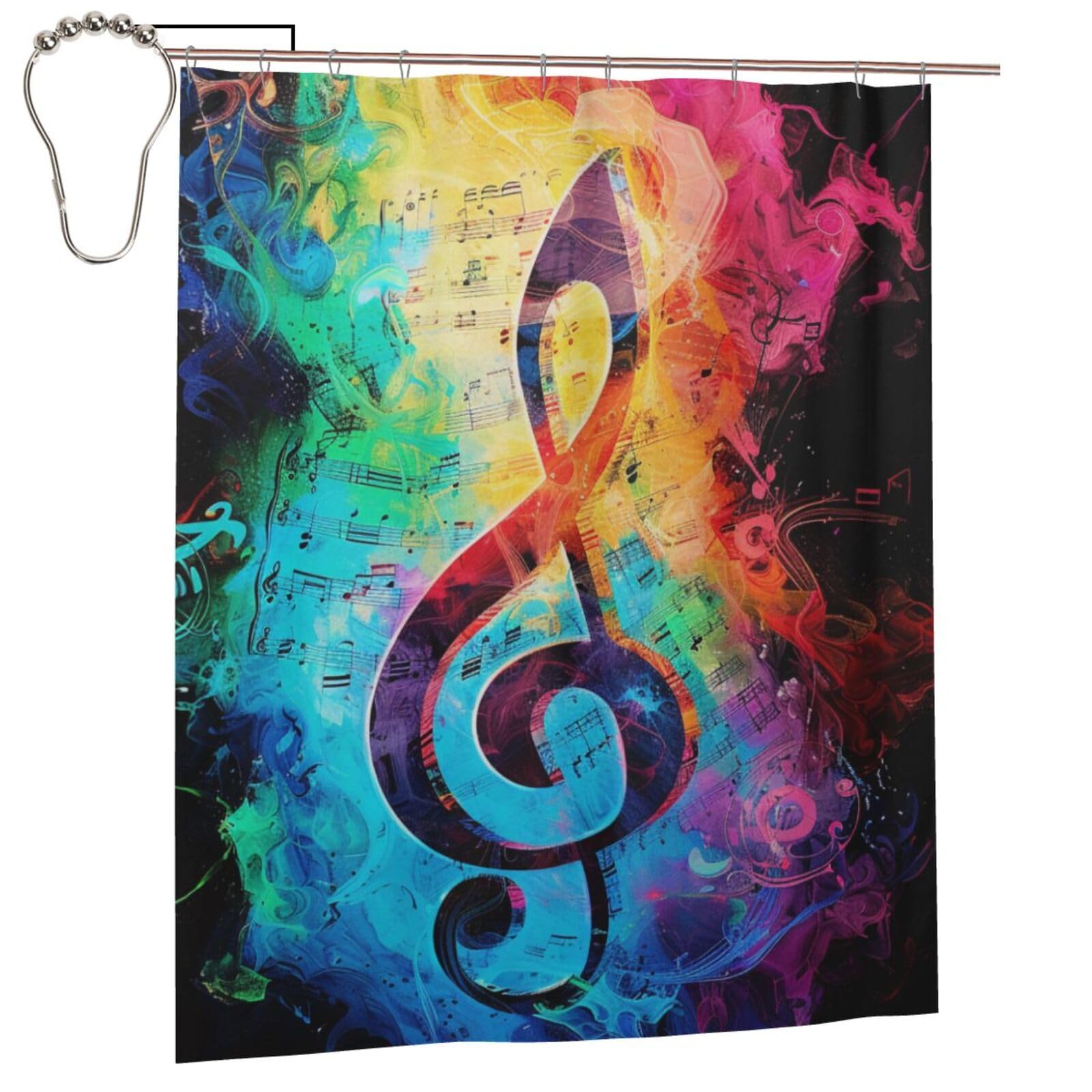 BWWHCCTI Colorful Music Notes Printed Shower Curtain With 12 Iron Hooks Opaque Quick Drying Waterproof Shower Curtains Sets For Bathroom 152x183 Cm