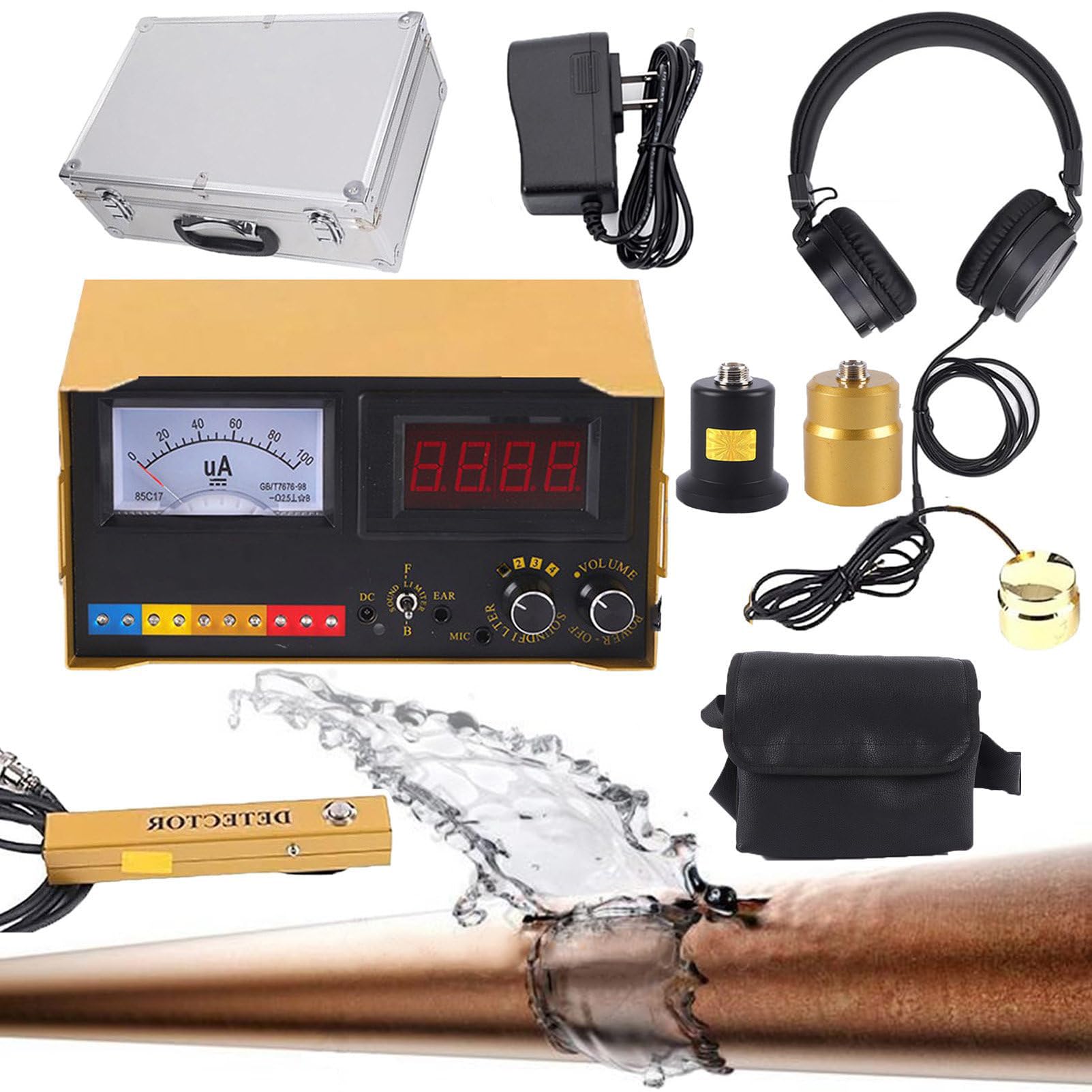 Detector de fugas de agua, sensor geófono, herramienta de detección de fugas para interiores y exteriores, sensor eléctrico preciso de fugas con auriculares y funda de transporte, engranaje ajustable