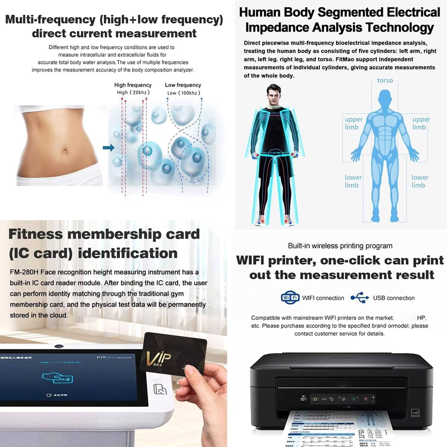 10,1 Zoll HD Touch Bioimpedanzanalysegerät,Intelligenter Körperfettanalysator,Körperfettwaage Handsensoren Einziehbar,Bmi Waage Körperfett,Körperfett-Analysegerät Körpergröße mit Drucker