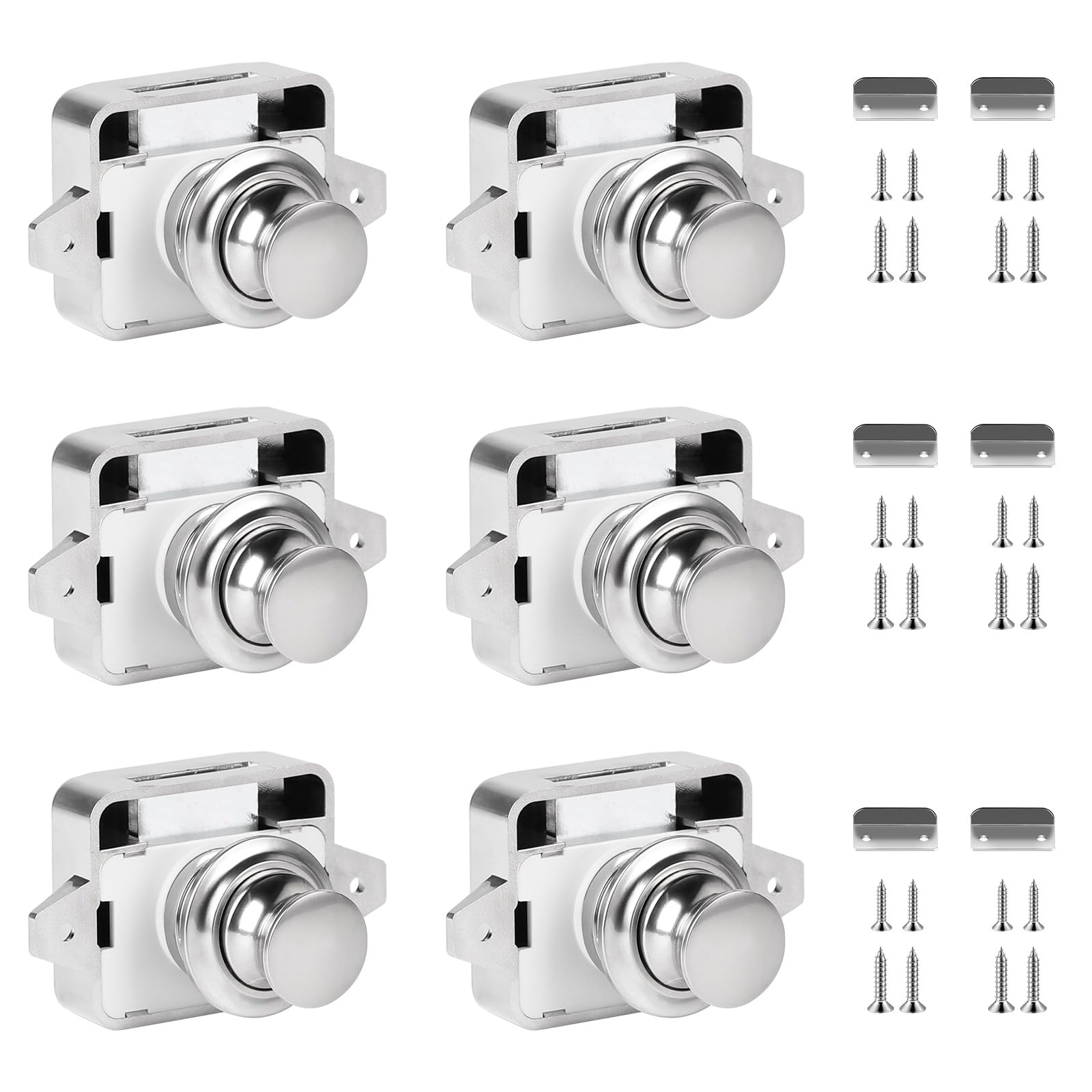 6 Botones de Metal Cerraduras de Armario, Cerradura de Puerta Sin Llave Botón Pulsador para Caravana, RV, Cámper, Yate (Plata)