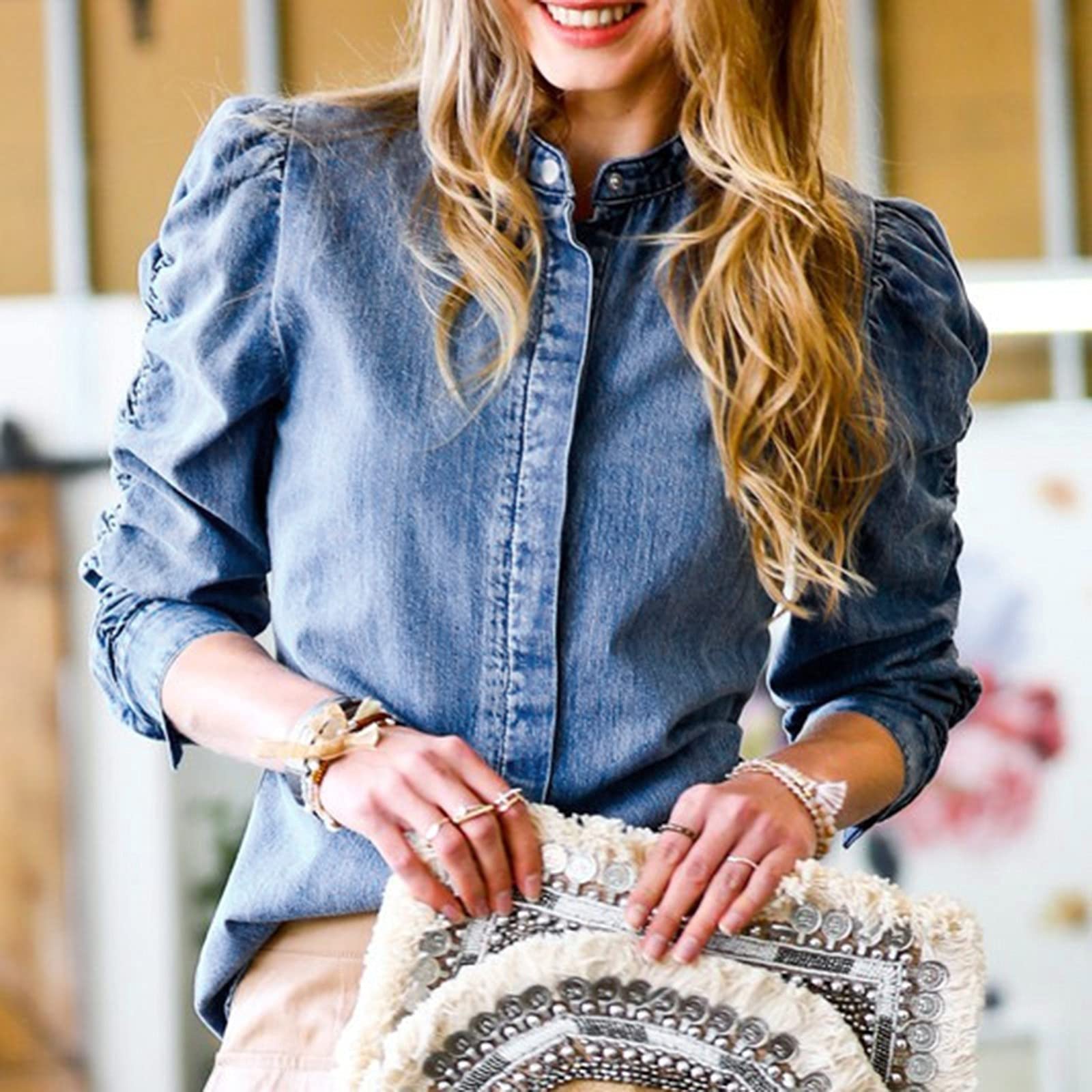 Camicia da donna a maniche lunghe, blu scuro, in jeans, lunga, oversize, con bottoni, in denim, camicia vintage con scollo a V, camicia in jeans estiva e autunno
