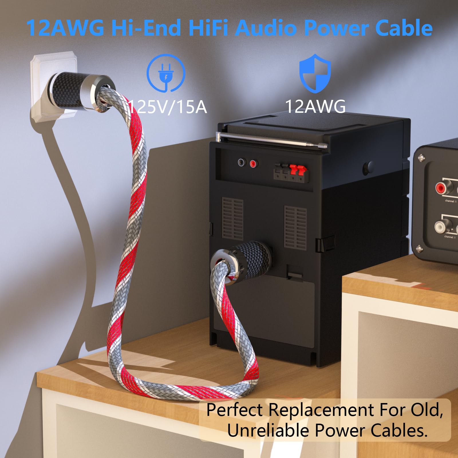 Monosaudio 12AWG Audio Power Cable 125V 15A Hi-End Audiophole Power Cord Rhodium Plated Plugs AC Power Cable Braided Sleeves Power Line for Audio,Speaker,Subwoofer,Turntable,Amplifier,DAC(1M/3.3Ft)