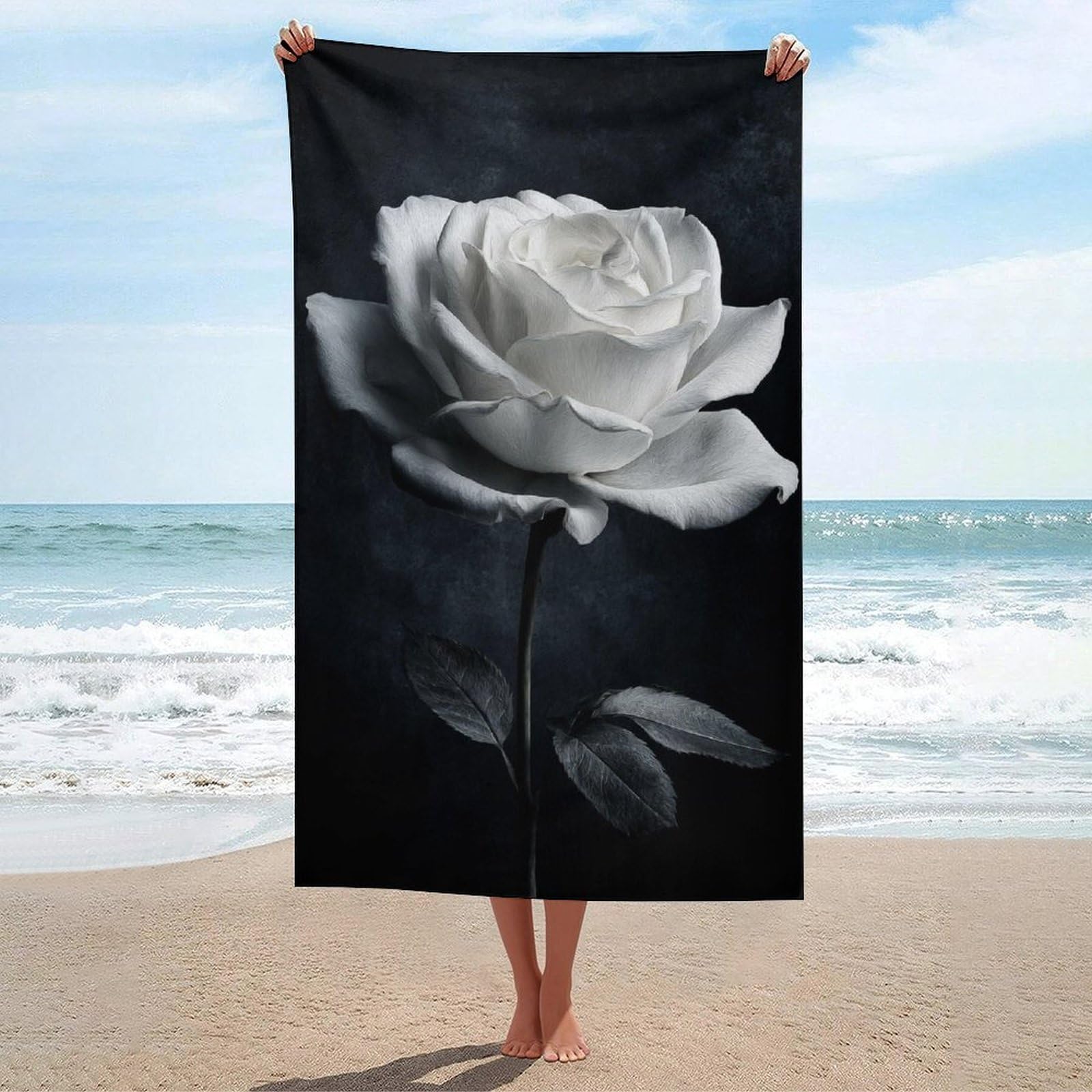 asbwuo White Rose Black and Gray Beach Towel