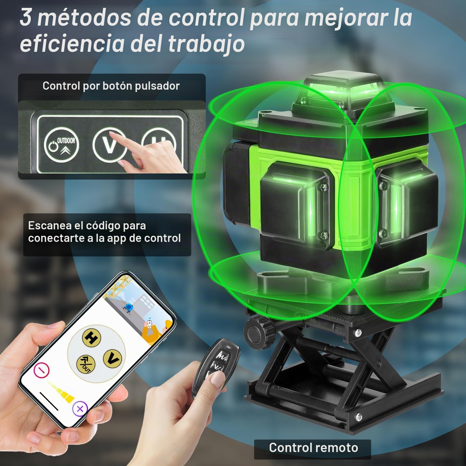 Geevorks Nivel Láser Autonivelante 3°,4D 16 Líneas Laser Nivel Verde,Batería de Litio Recargable USB,con Barra de Extensión de Aleación Ajustable de 1,2 m Alturas de Trípode (Verde, con Trípode)