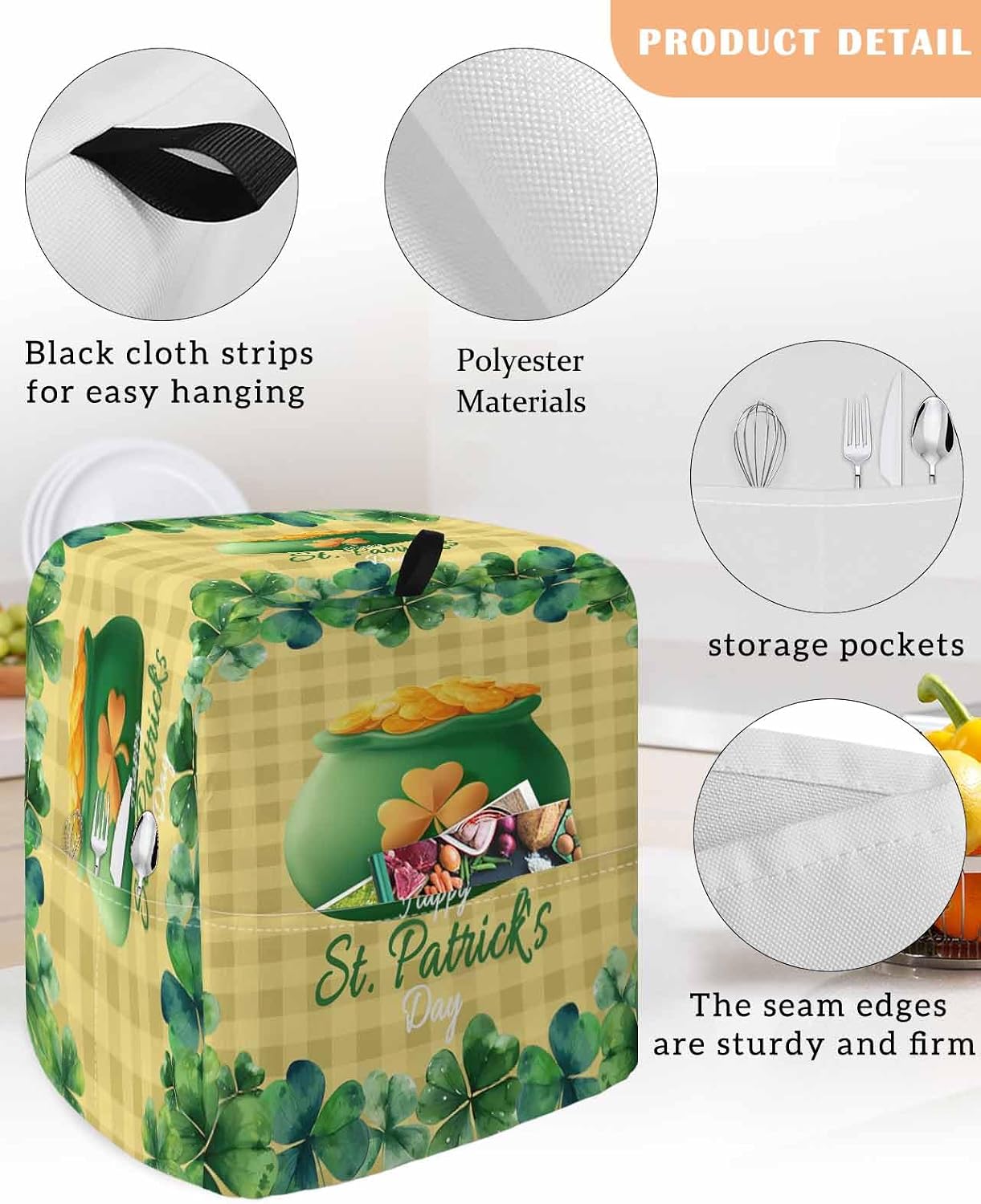 Happy St. Patrick's Day Stand Mixer Cover with Storage Pocket, Waterproof Kitchen Mixer Covers, Spring Coin Clovers Yellow Plaid Kitchen Appliance Dust Cover Compatible with 5-8 Quart Mixers