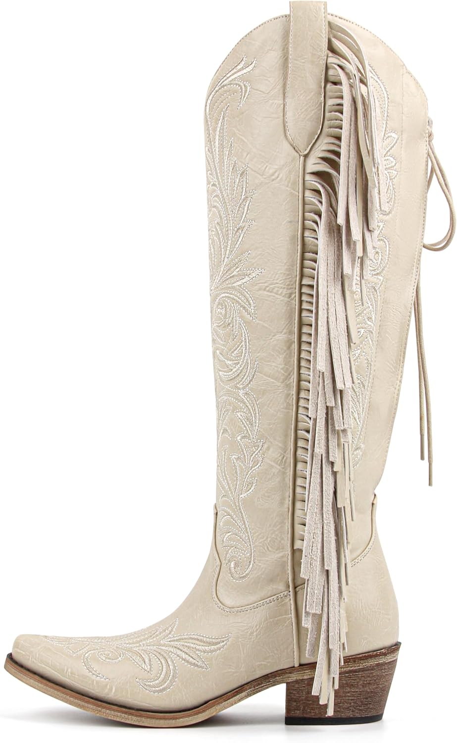 Knee High Lace Up Cowboy Boots with Fringe Embroidered Western Boots Wide Calf