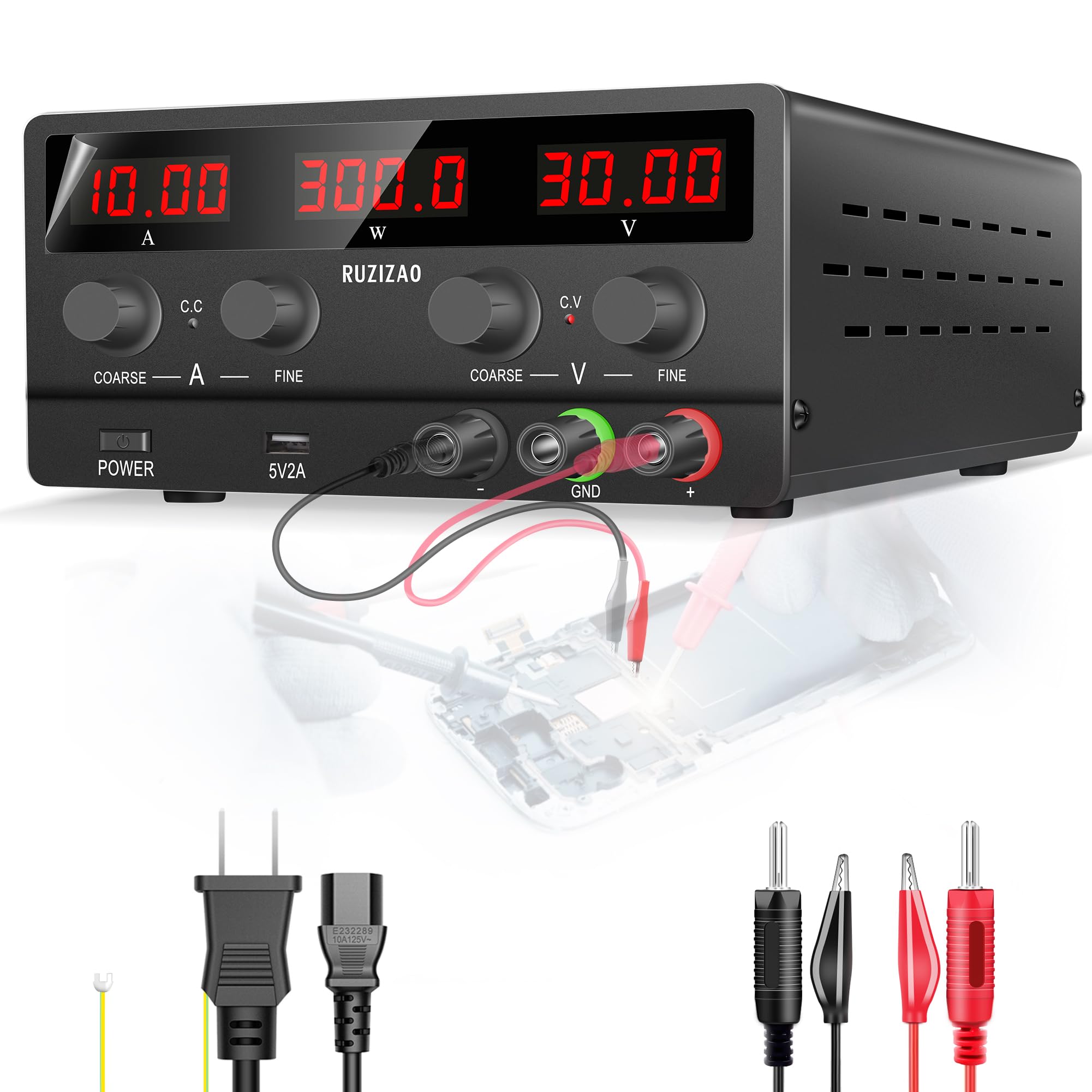 Amazon | RUZIZAO 30V 10A 安定化電源 4桁電圧電流電力水平スクリーン