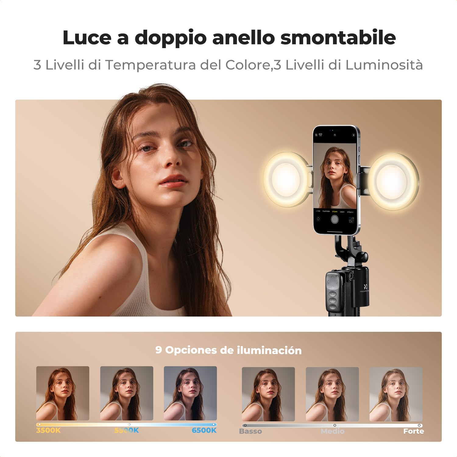 K&F CONCEPT Bastone Selfie 180CM, Adatto per DJI OSMO POCKET 4&3, Selfie Stick Treppiede Smartphone con Luce per iPhone Samsung, Suivi AI 360° Viso, Pieghevole e Automatico,7 in 1 per Video/Vlog/Live