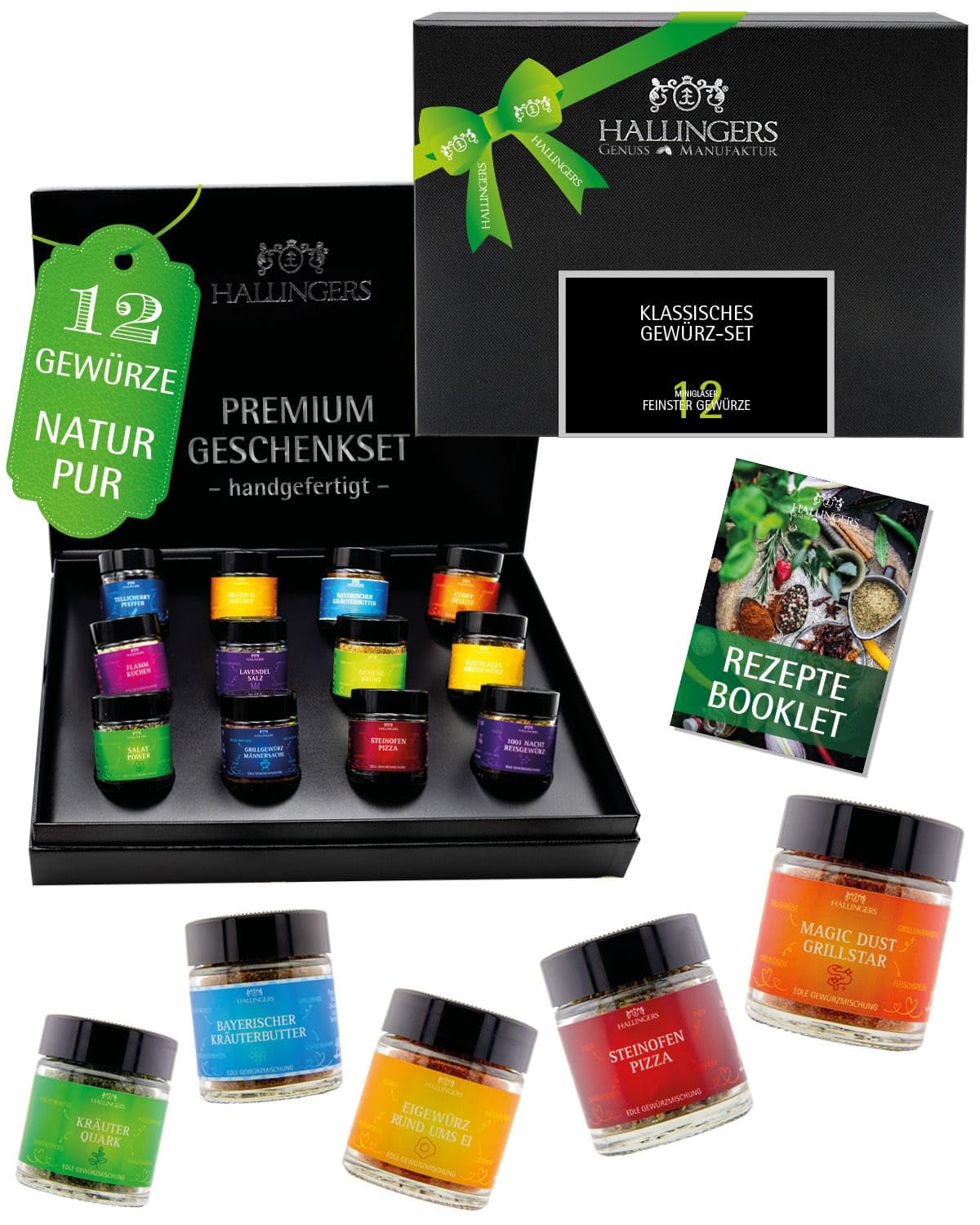 Hallingers Genuss Manufaktur Gewürz Geschenk-Set 12 Gewürze Geschenkbox Rezept-Booklet